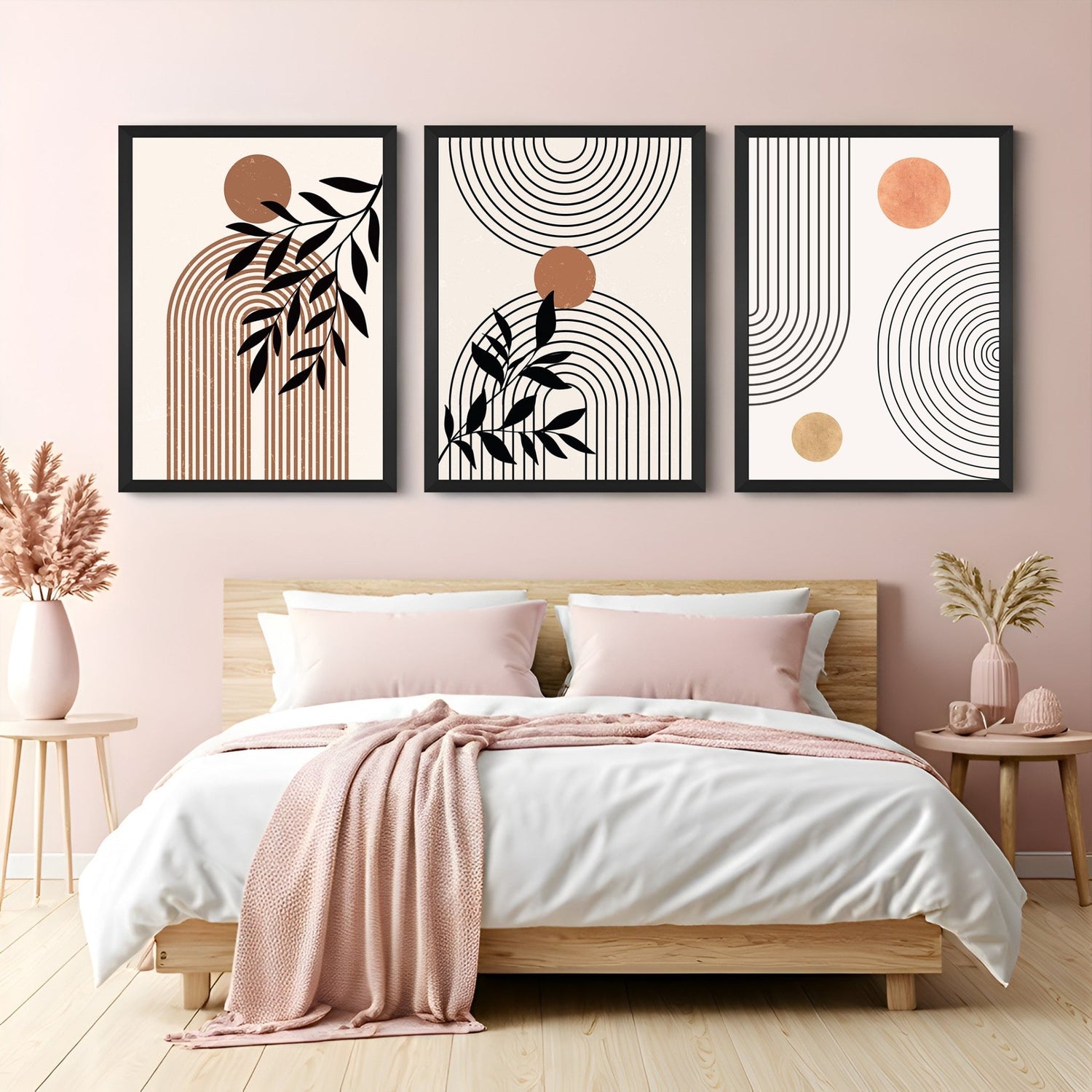Set of 3 boho canvas prints featuring abstract leaf art in soft neutral tones – ideal for minimalist and nature-inspired decor