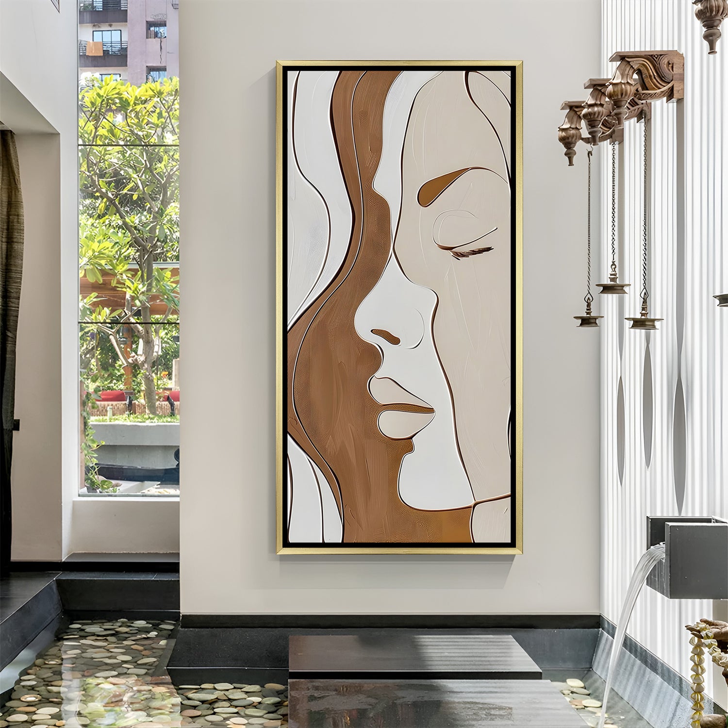 Luxury abstract female face canvas artwork in golden floater frame with elegant neutral tones