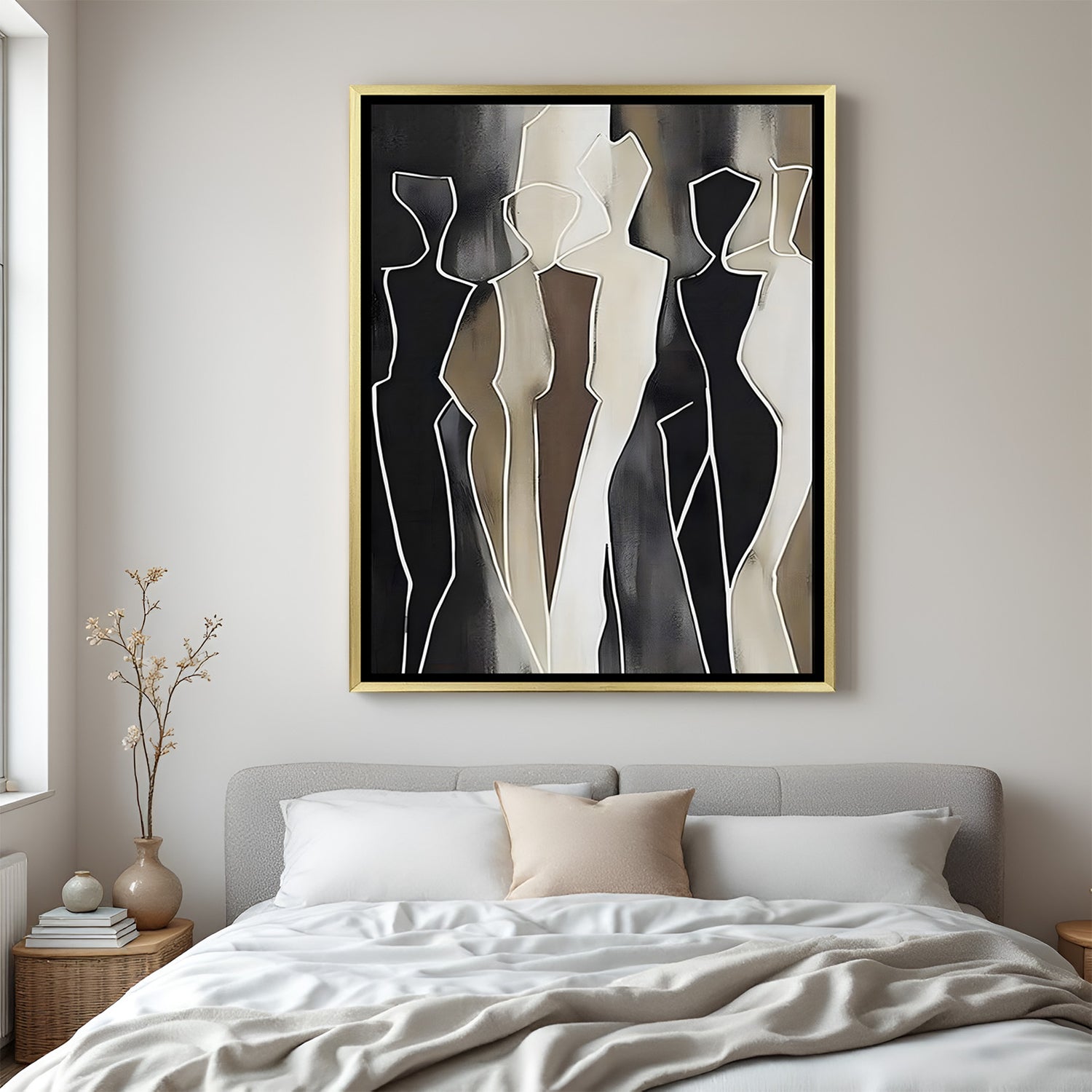Elegant abstract human figure wall art with golden frame and neutral tones
