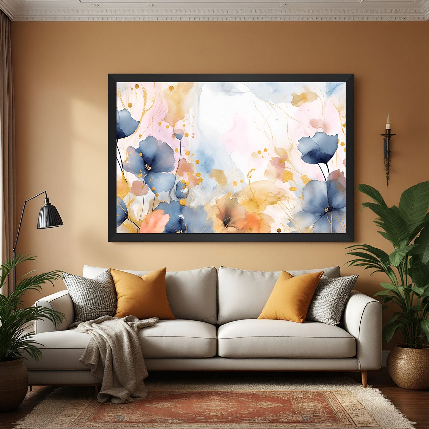 Black frame abstract canvas with soft floral and pastel paint splash – minimal wall art for contemporary spaces