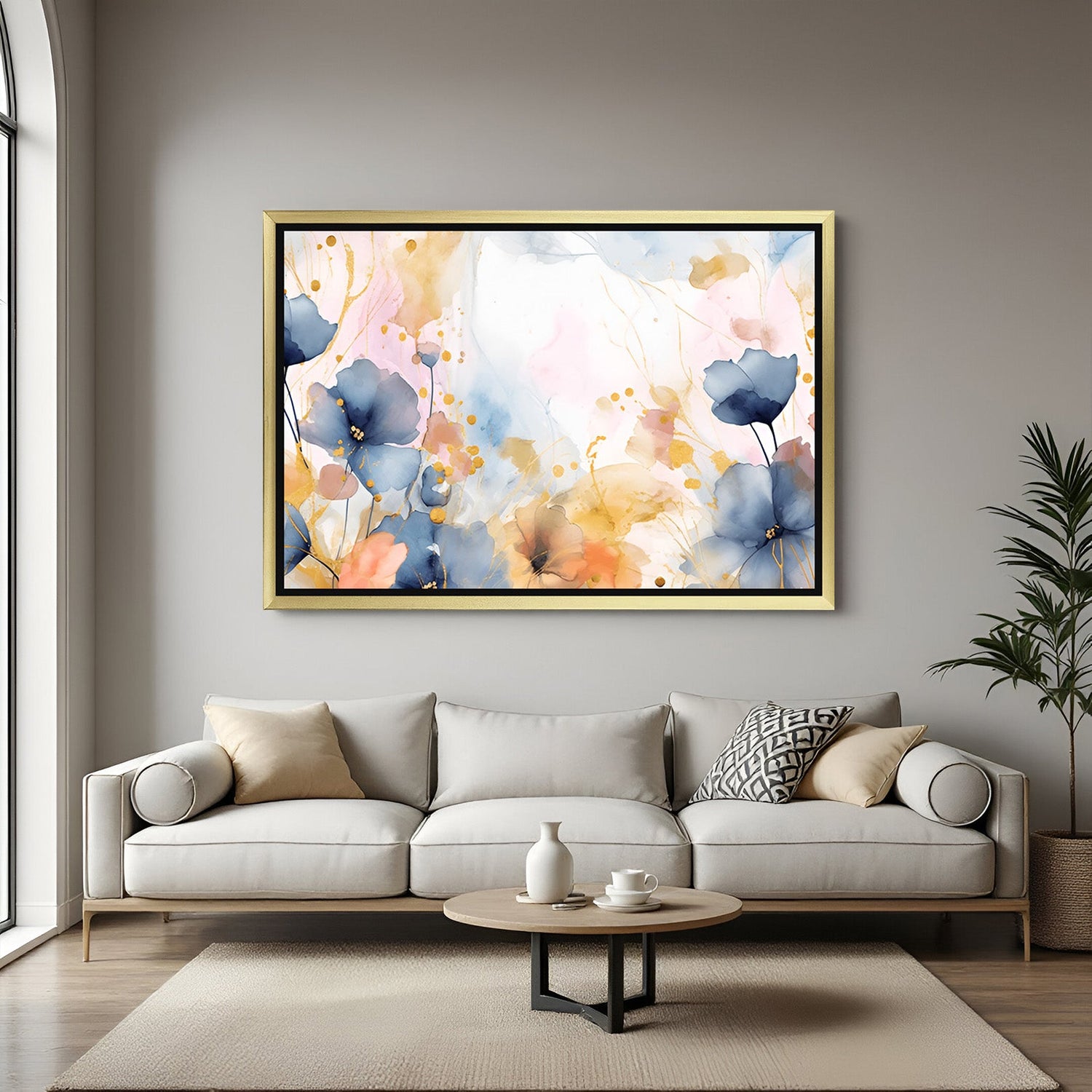 Golden frame floral abstract canvas print – minimalistic wall decor with light color splashes and elegant design