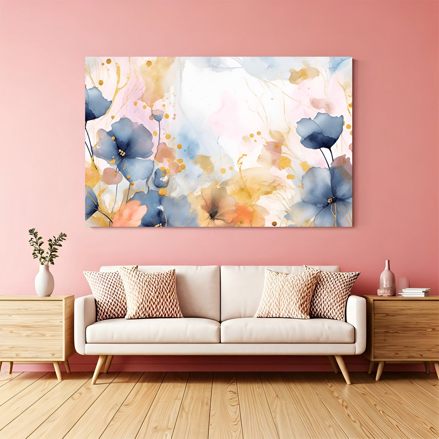 Minimal abstract floral canvas wall art – soft paint splashes in light colors with elegant flower patterns for modern interiors