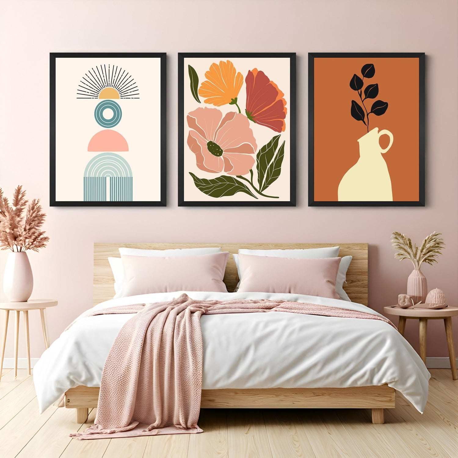 Boho wall art trio with minimal design, floral artwork, and potted leafy plant – perfect for simple, nature-inspired home interiors