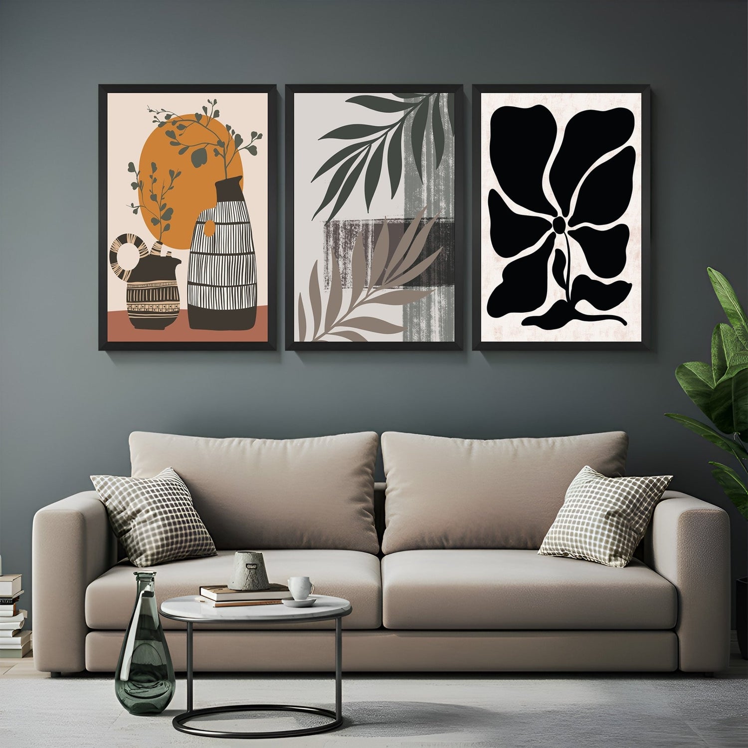 Set of 3 boho canvas prints featuring minimal flower pot art, abstract leaf design, and bold black and white flower – perfect for modern decor