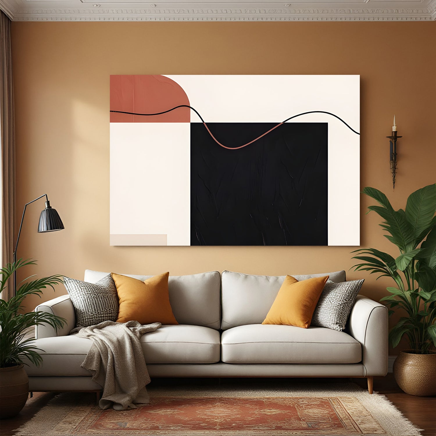 Minimal geometric abstract canvas wall art with black, beige and terracotta shapes in modern living room