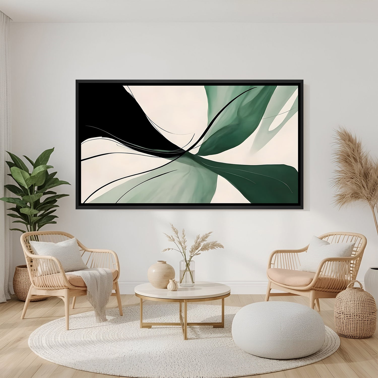 Modern green abstract canvas wall art with flowing shapes in black floater frame displayed in contemporary living room decor