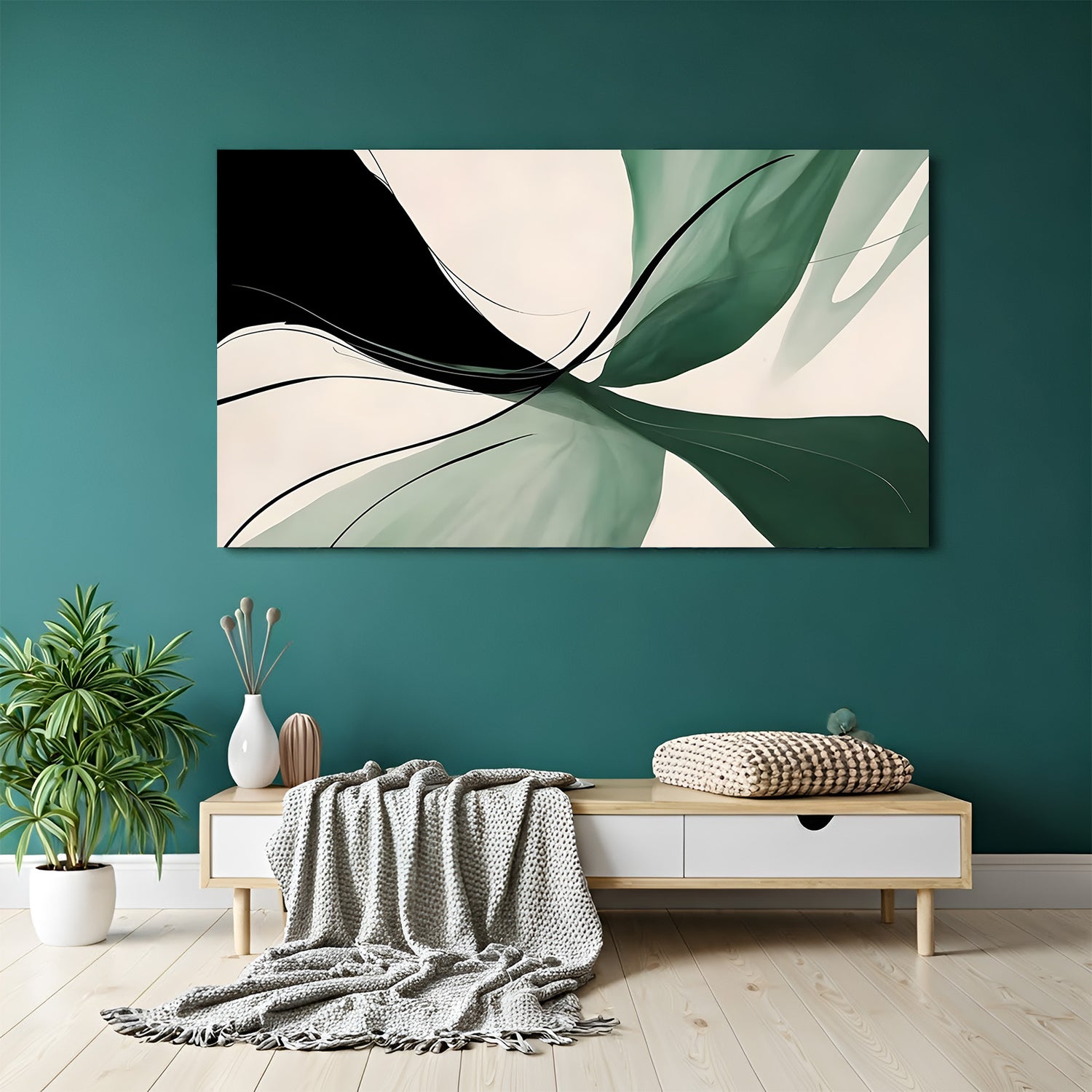 Minimal green abstract canvas wall art with fluid shapes and black accents displayed above sofa in modern living room decor canvas wrap