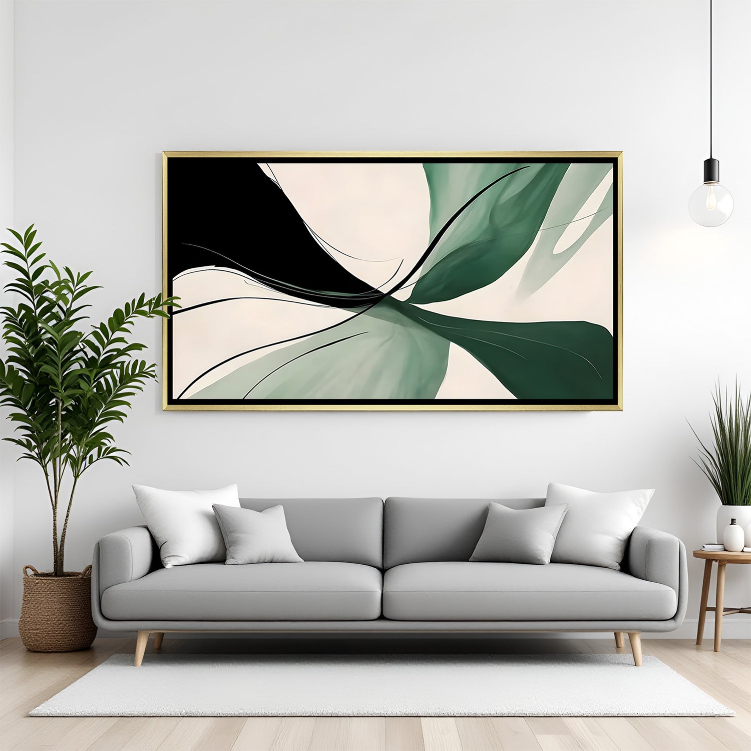 Minimal abstract canvas wall art in green and neutral tones with fluid design in golden floater frame for elegant home decor