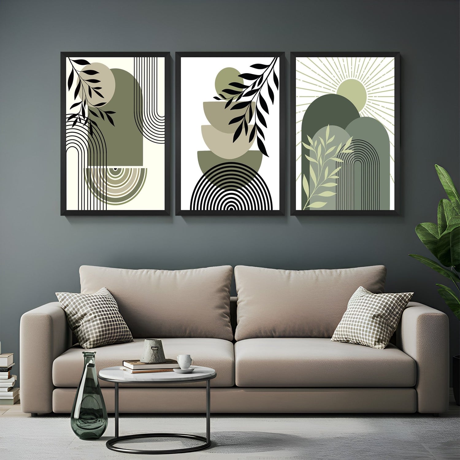 Set of 3 boho canvas wall prints with minimalist line art in soft green shades – perfect for modern and neutral interiors