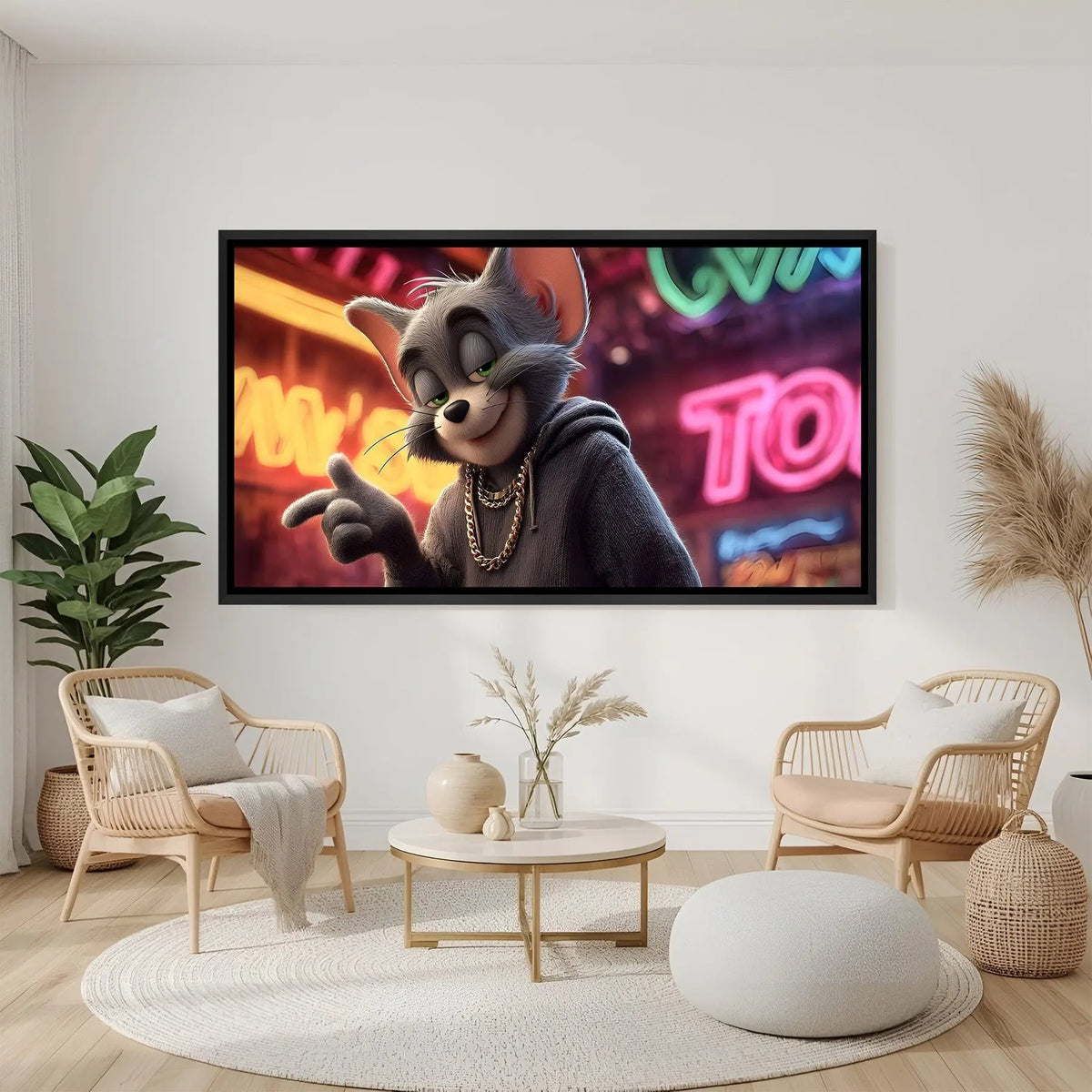 Tom cartoon artwork in elegant black floater frame with colorful animated character design