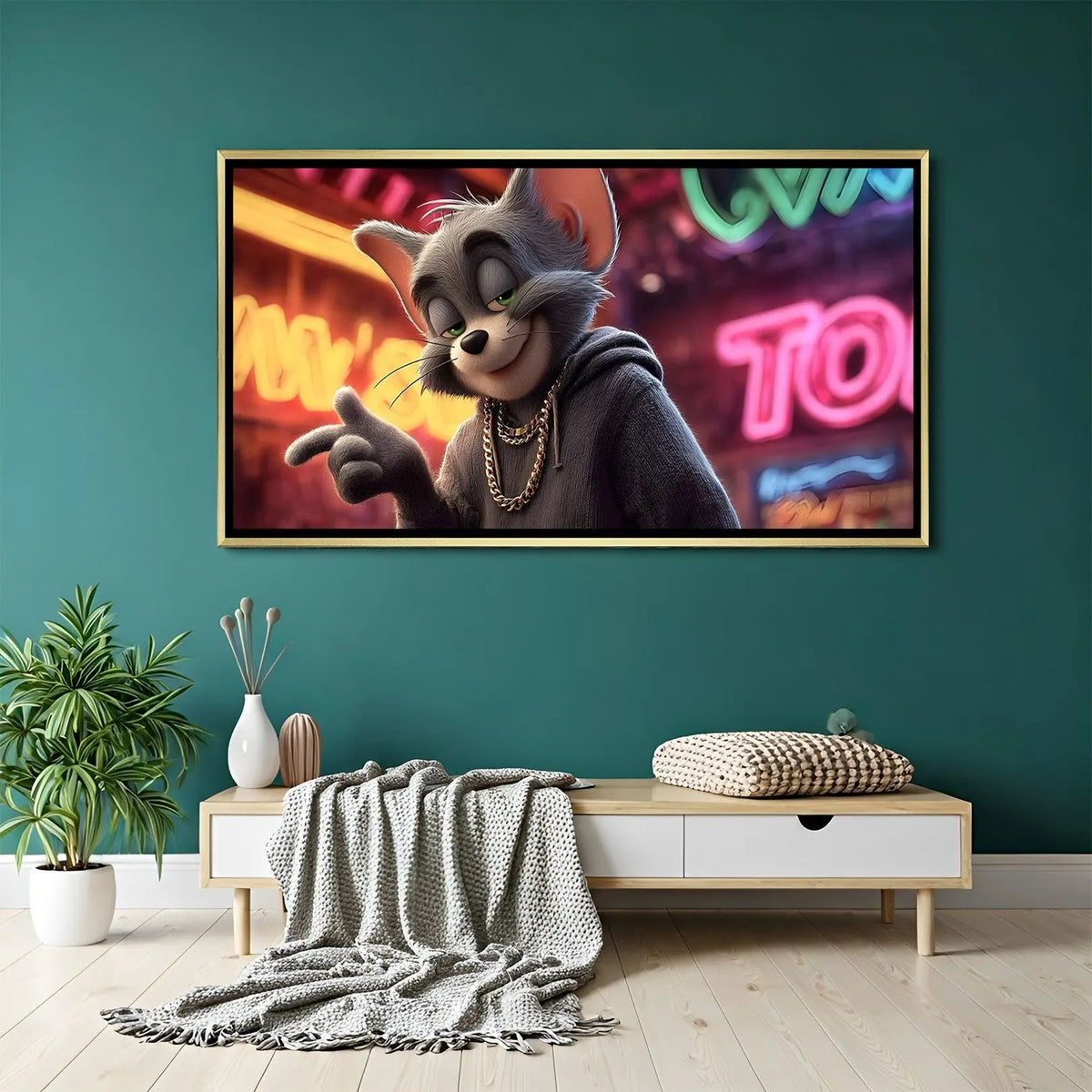 Luxury Tom cartoon canvas artwork in golden floater frame featuring classic animated character decor