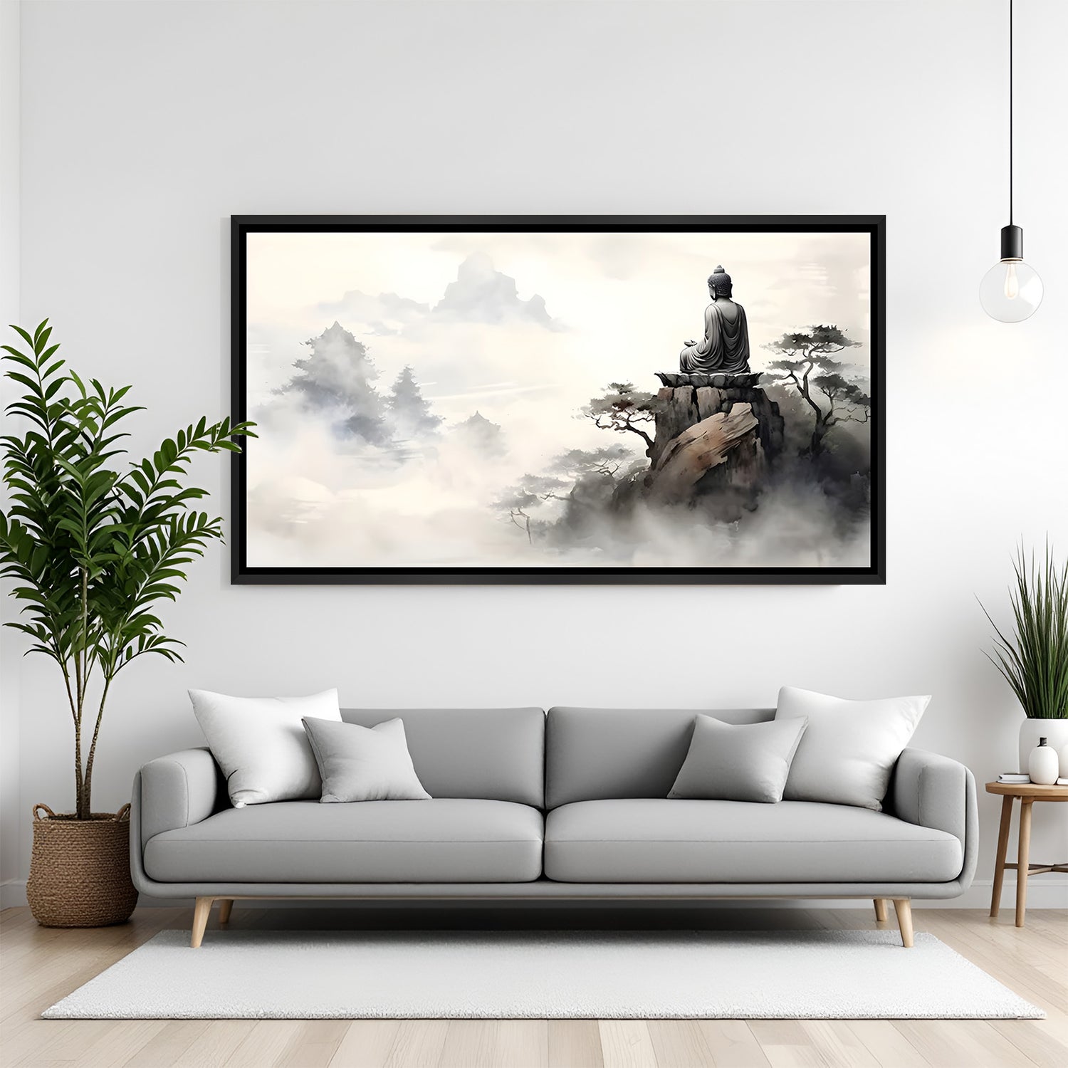 Misty Mountain Buddha spiritual canvas artwork in premium black floater frame