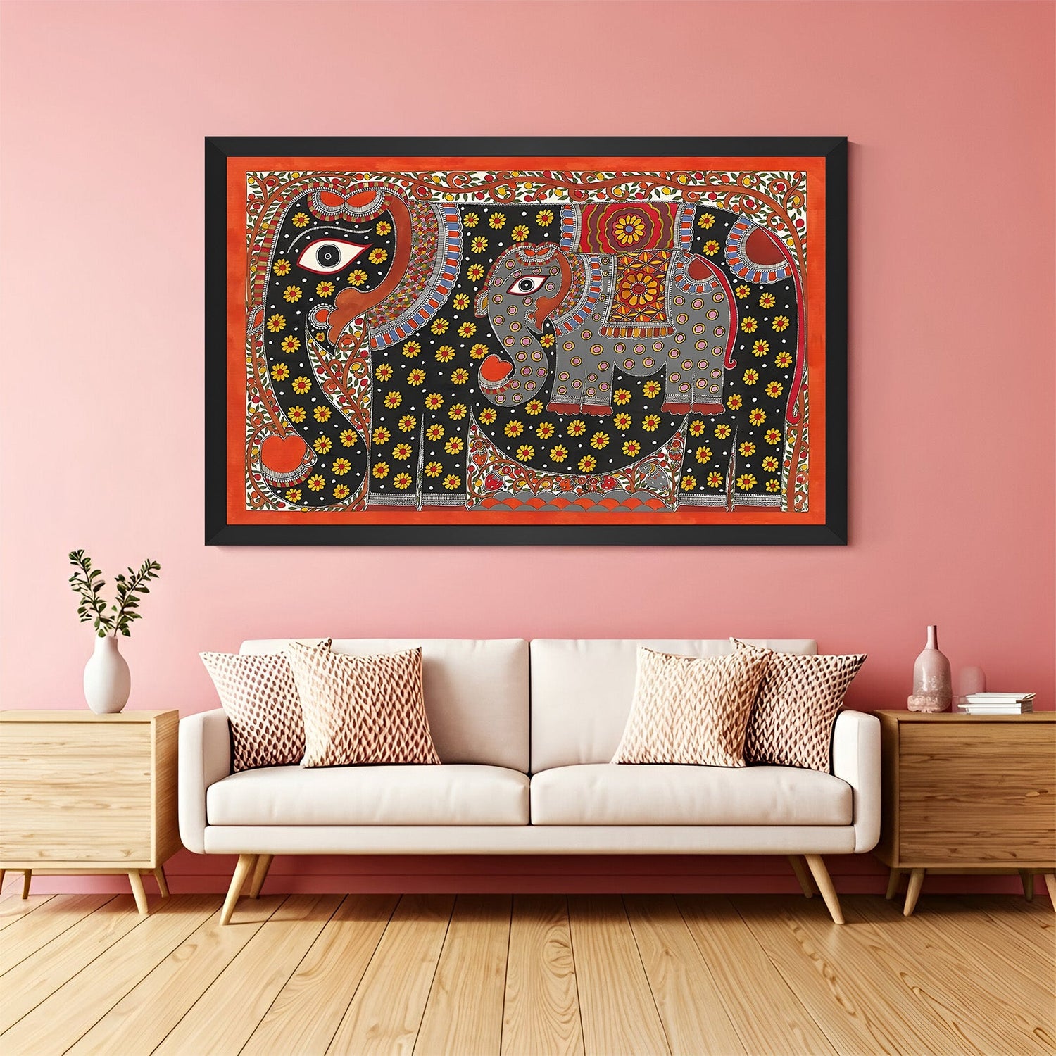 Black frame Madhubani canvas painting – Indian folk wall art for colorful and ethnic home and office interiors