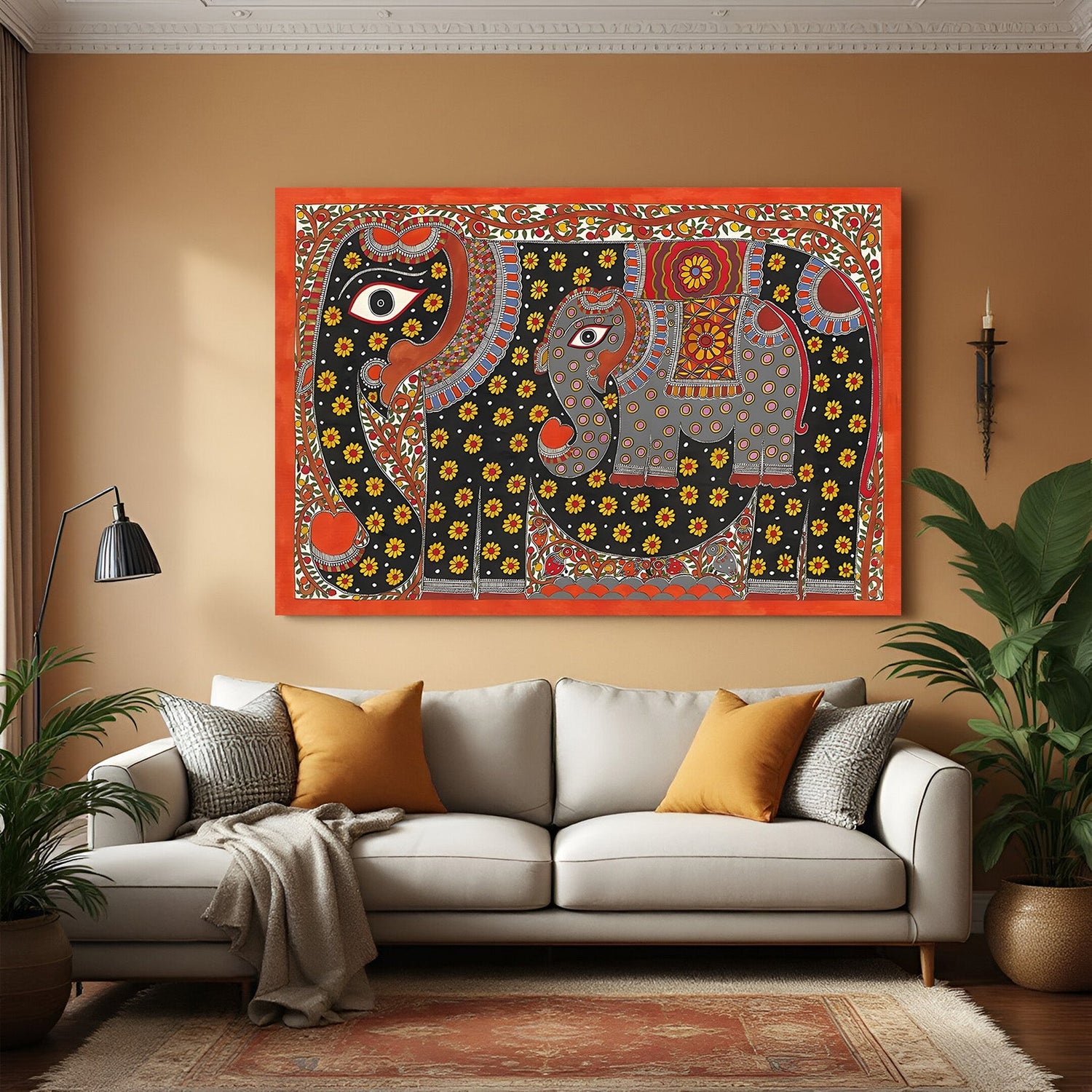 Mithila Madhubani canvas painting for Indian folk wall art and traditional home and office decor