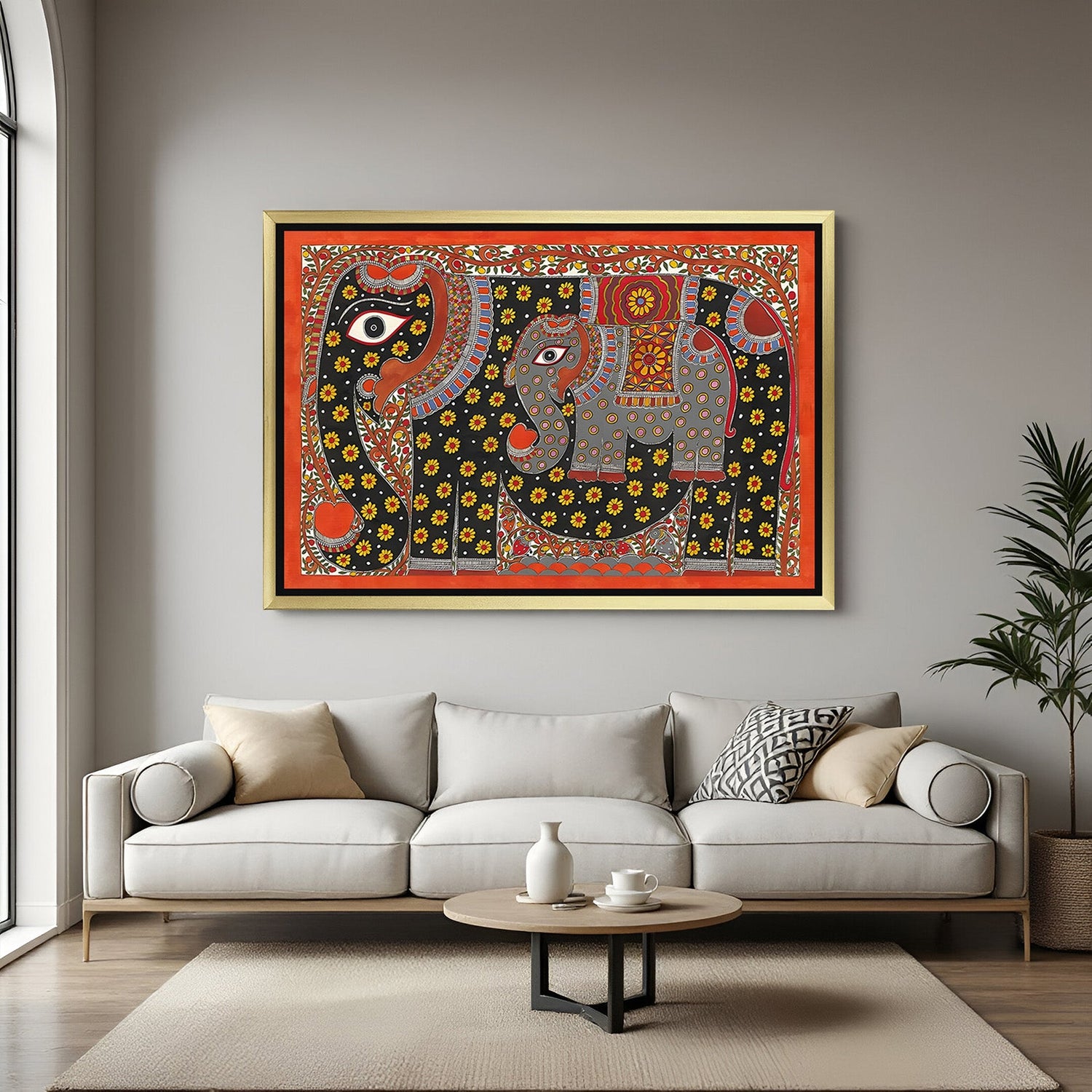 Golden frame Mithila Madhubani wall art – traditional Indian canvas painting for ethnic home and creative office decor