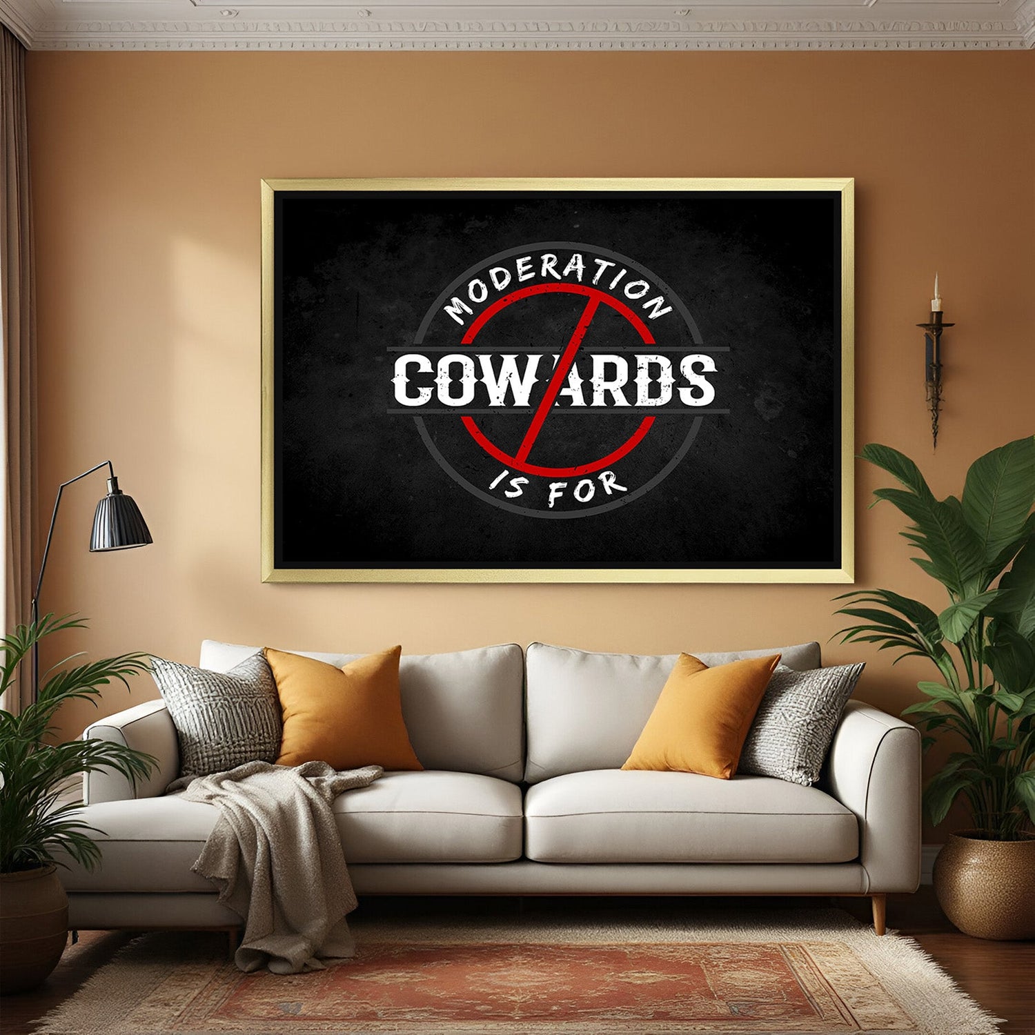 Moderation Is for Cowards motivational canvas wall art with golden floater frame