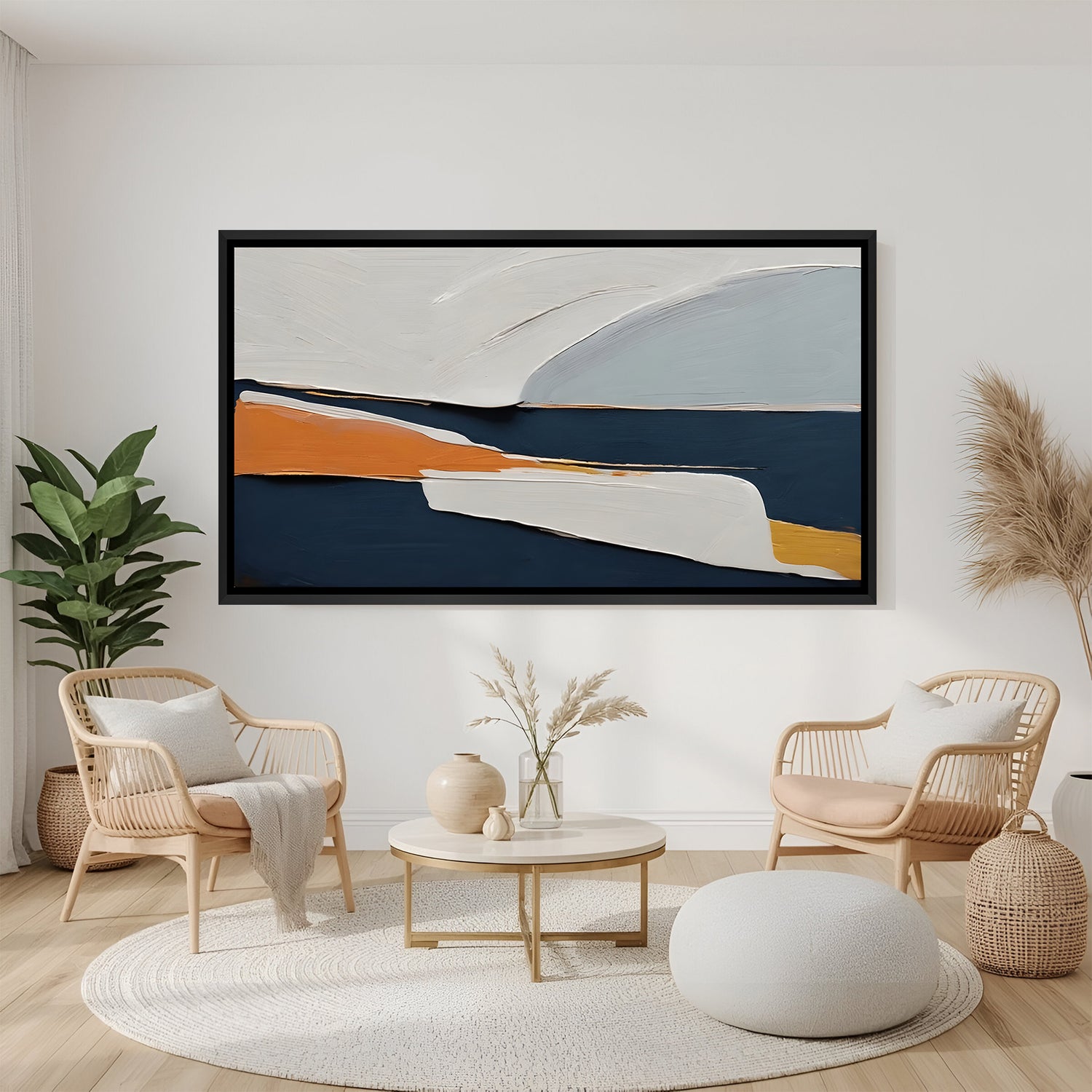 Minimal abstract canvas wall art in blue and beige tones with black floater frame above console in modern living room decor