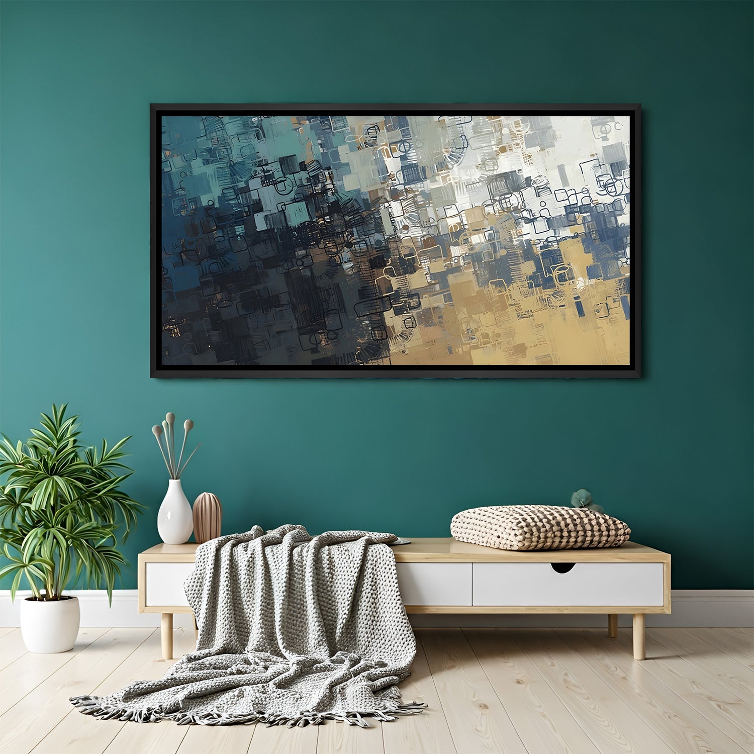 Abstract geometric canvas wall art in blue and gold tones with black floater frame above sofa in modern living room decor