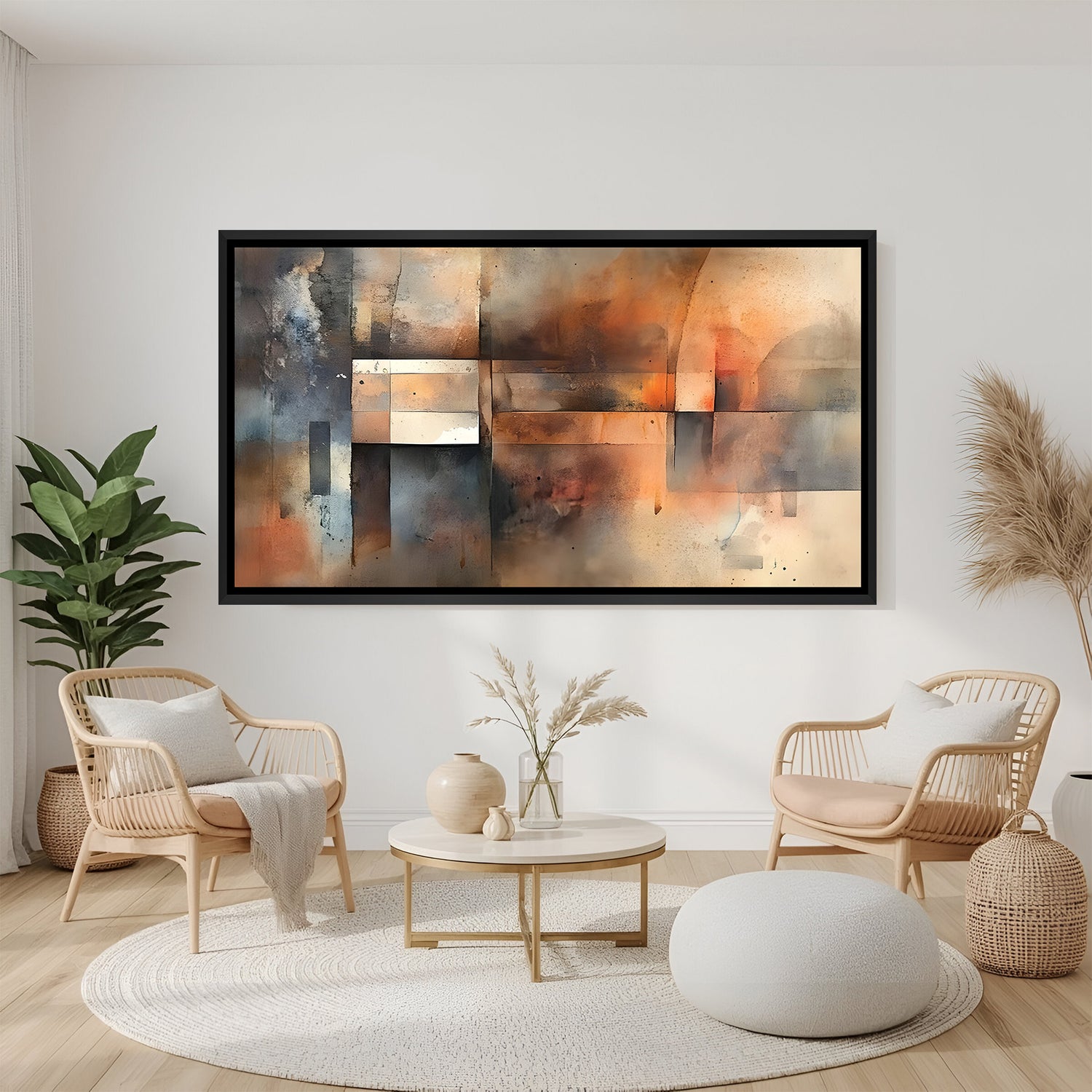 Earthy geometric abstract canvas wall art in rust, beige, and grey tones with black floater frame above sofa in modern living room decor