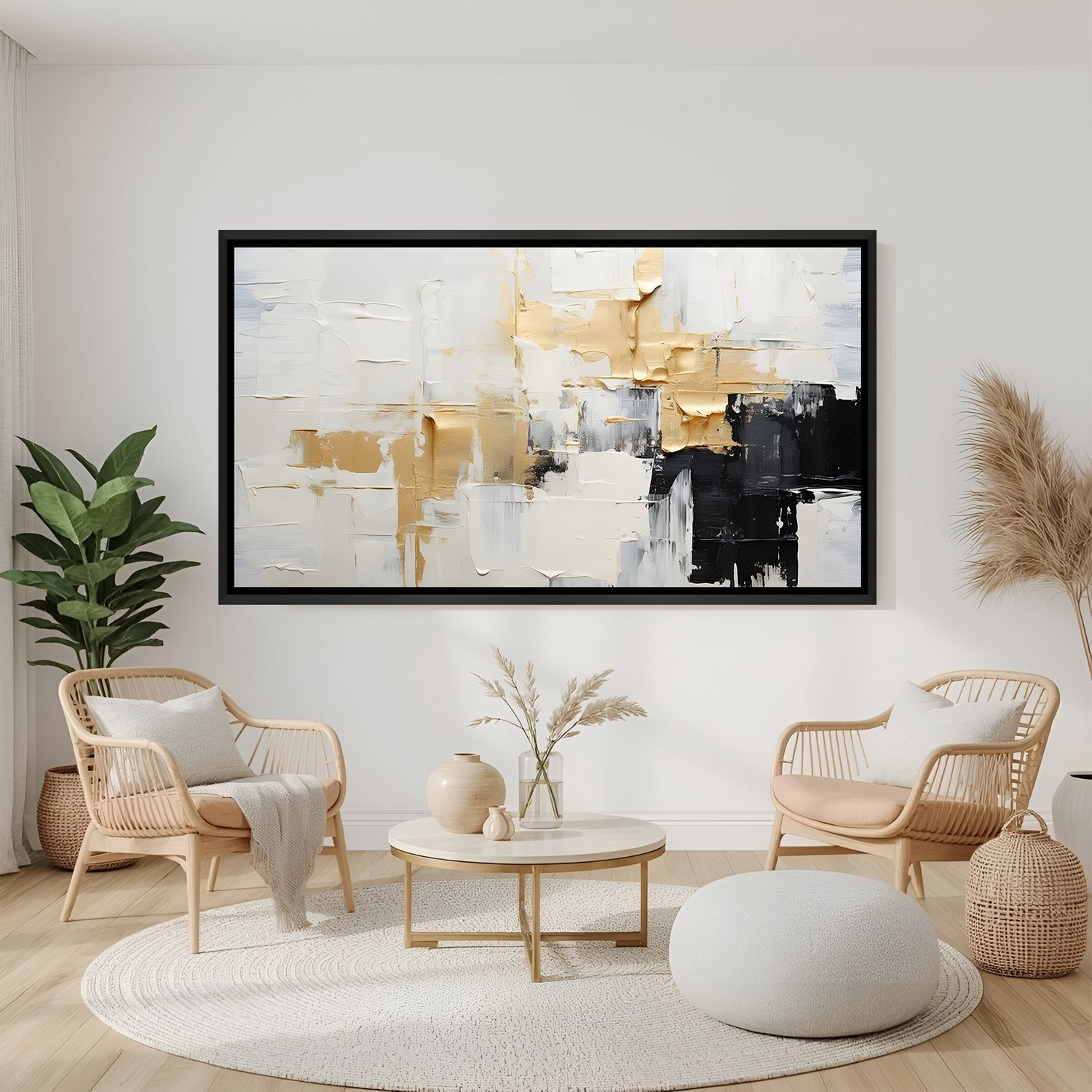 Abstract canvas wall art in white, gold, and black tones with black floater frame above sofa in modern living room decor