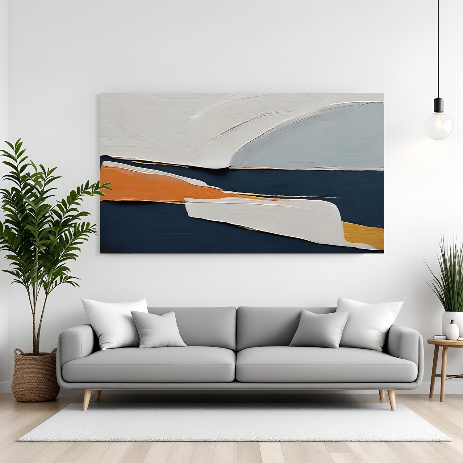 Modern abstract canvas wall art with blue, beige, and ochre tones in minimalist landscape style displayed above console in contemporary living room canvas wrap decor