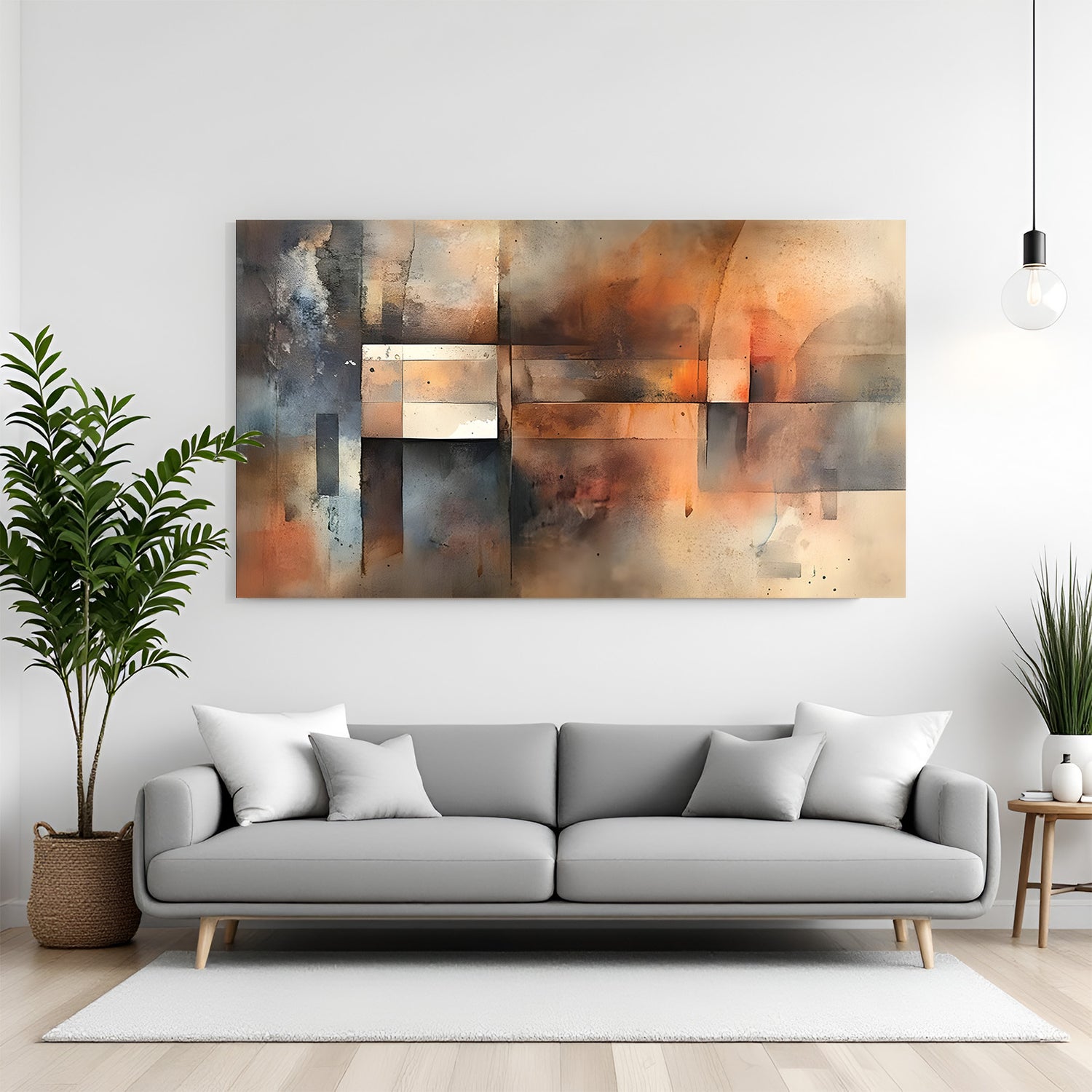 Modern abstract canvas wall art with earthy tones and geometric texture displayed above sofa in contemporary living room canvas wrap decor