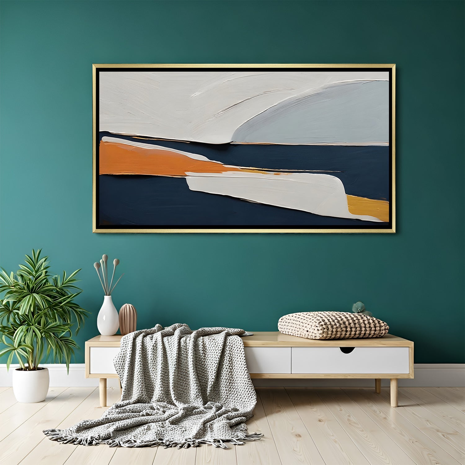 Modern abstract canvas wall art in navy blue and beige tones with golden floater frame displayed in elegant contemporary living room decor