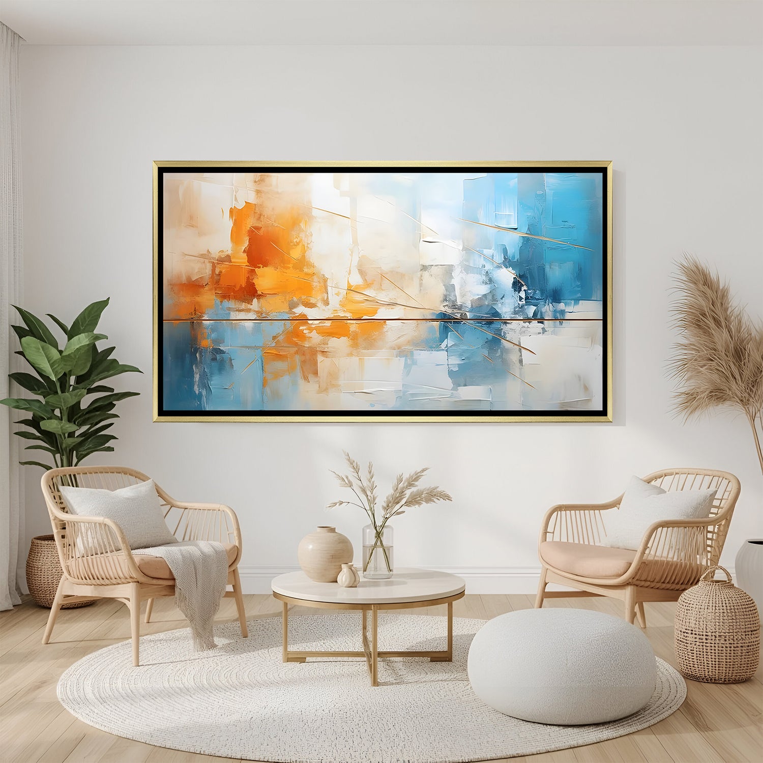 Modern abstract canvas wall art with blue and orange palette in golden floater frame displayed in elegant contemporary living room decor