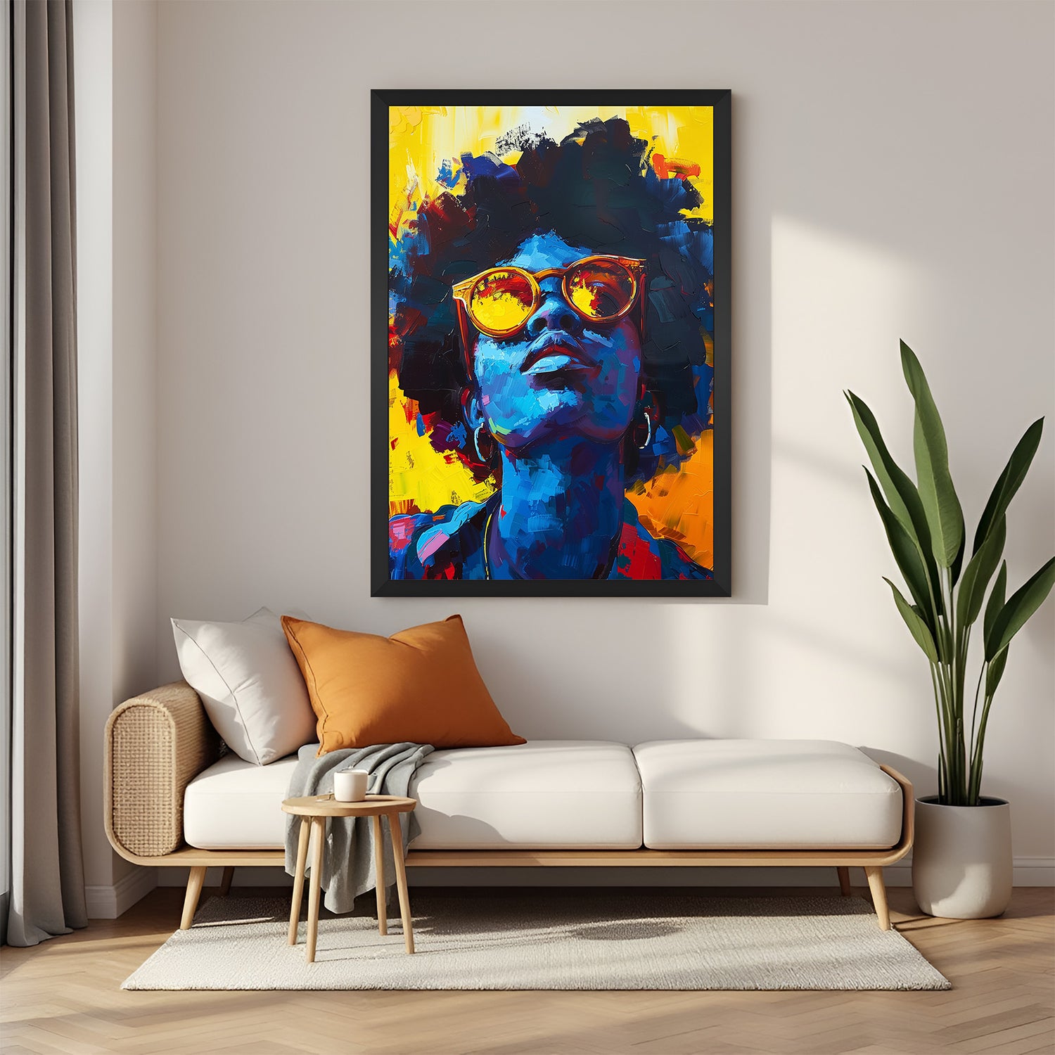 Framed canvas of African face with sunglasses and artistic hairstyle in black floater frame, ideal for urban African American wall art themes