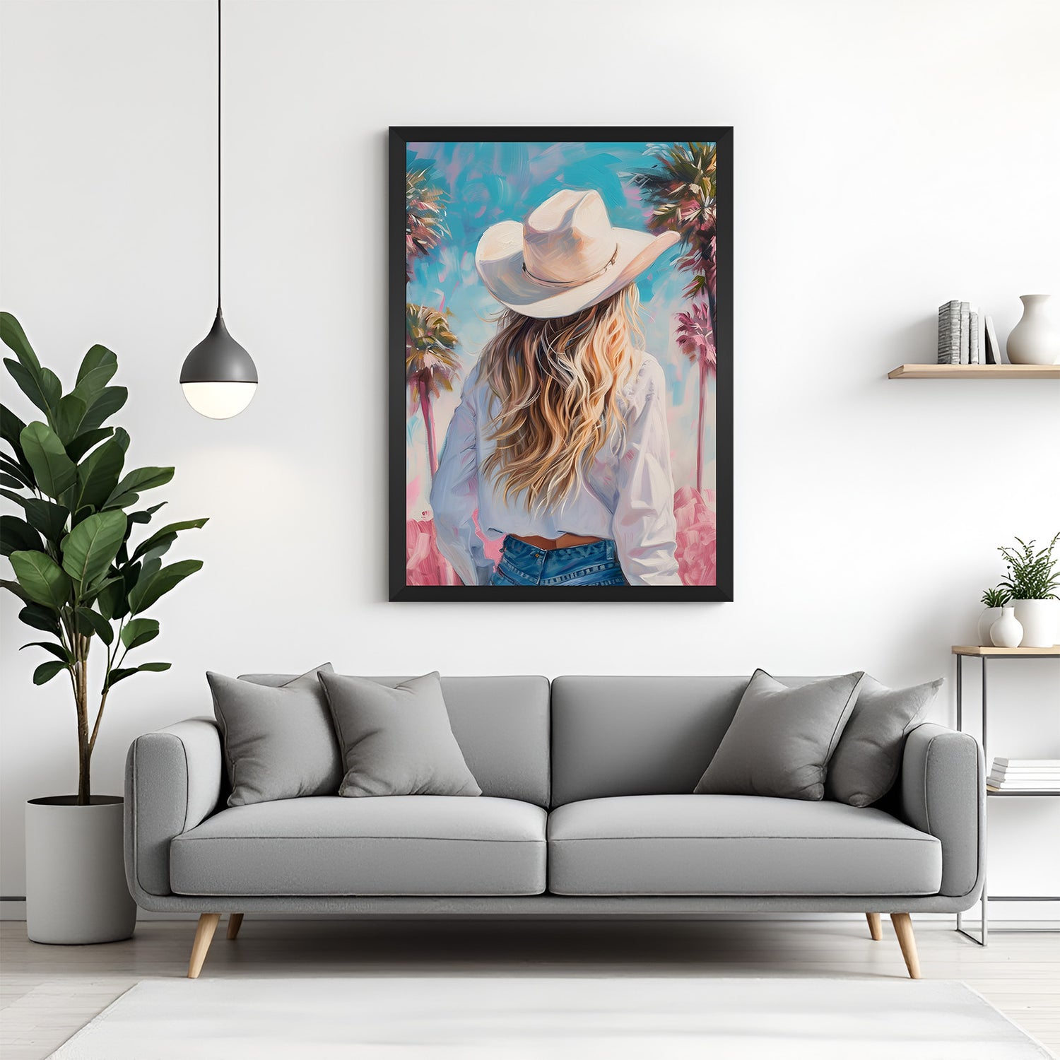 Black-framed canvas of a woman in a hat (back view) in soft bohemian style—perfect for modern bedrooms, living rooms, or nature-inspired creative spaces
