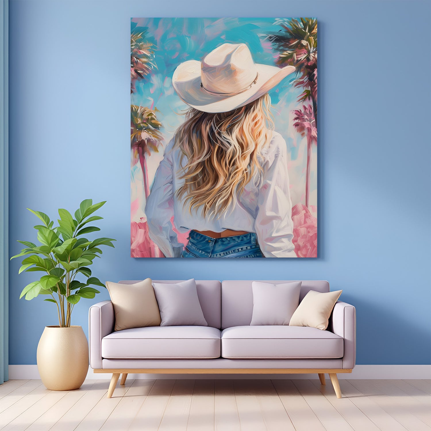Modern bohemian canvas art showing a woman in a wide hat viewed from behind—an elegant and serene wall art print for stylish, earthy, and feminine home decor