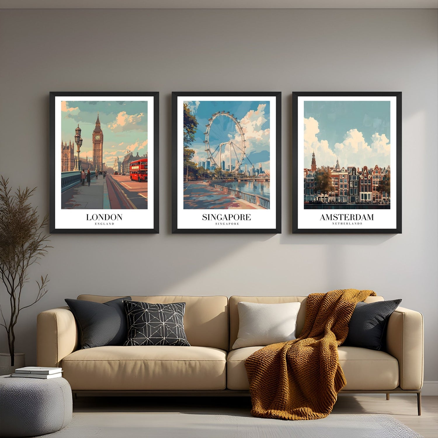 Set of 3 city-themed wall art prints with bold text of London, Singapore, and Amsterdam – ideal for office, living room, or travel lover’s decor