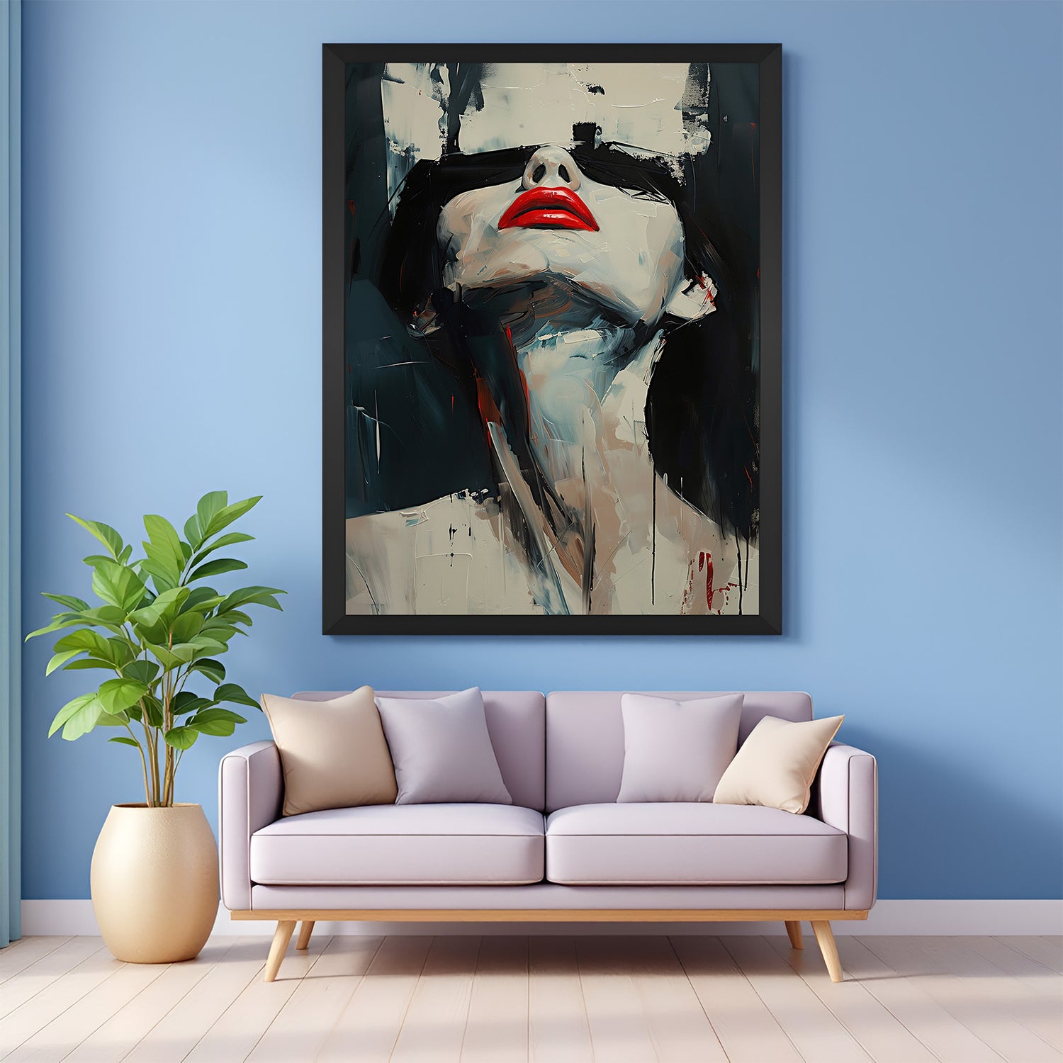 Contemporary female abstract wall art in black floater frame with modern face design on canvas for classy interior decor