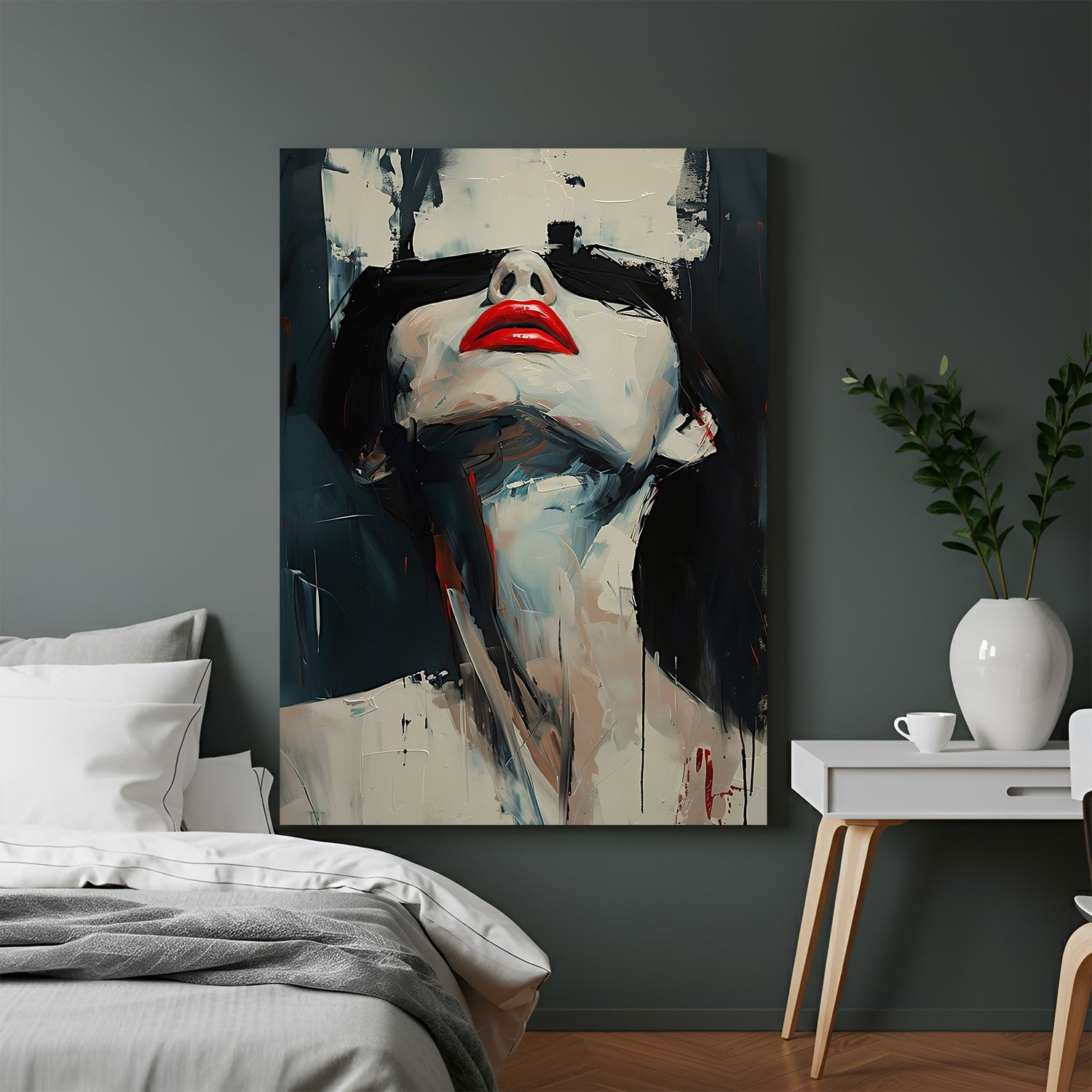 Modern female abstract canvas wall painting featuring a stylish woman face in bold shapes and colors for elegant home and office decor