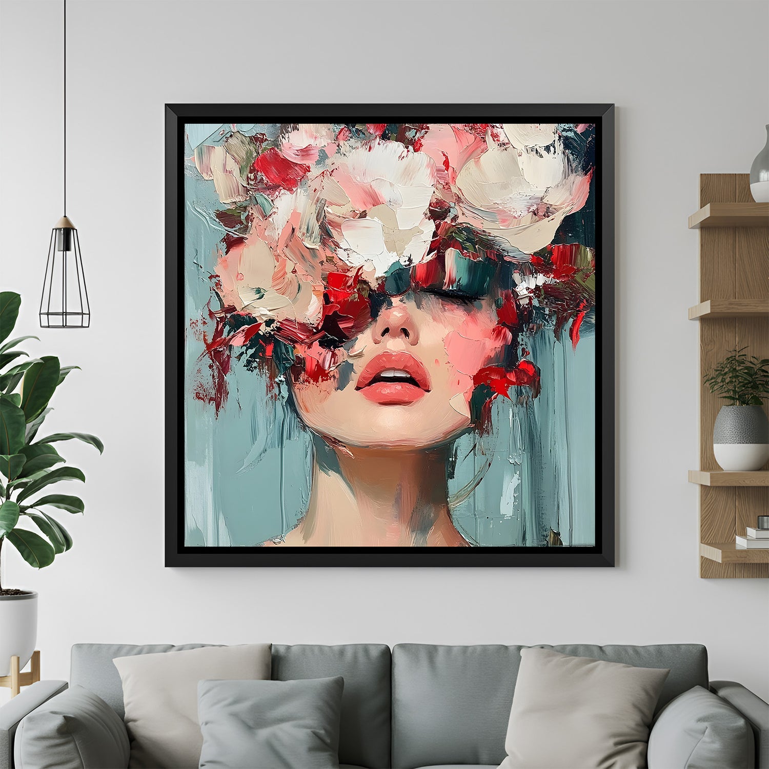 Abstract feminine portrait with oversized flowers displayed in sleek white frame for modern interiors.