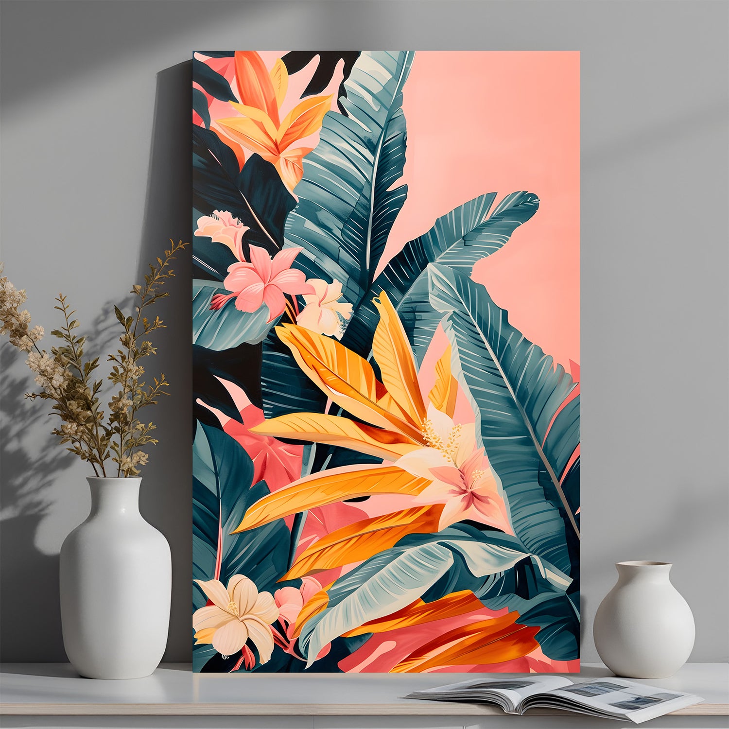 Canvas wall art featuring artistic painted-style flowers and leaves, ideal for modern interiors