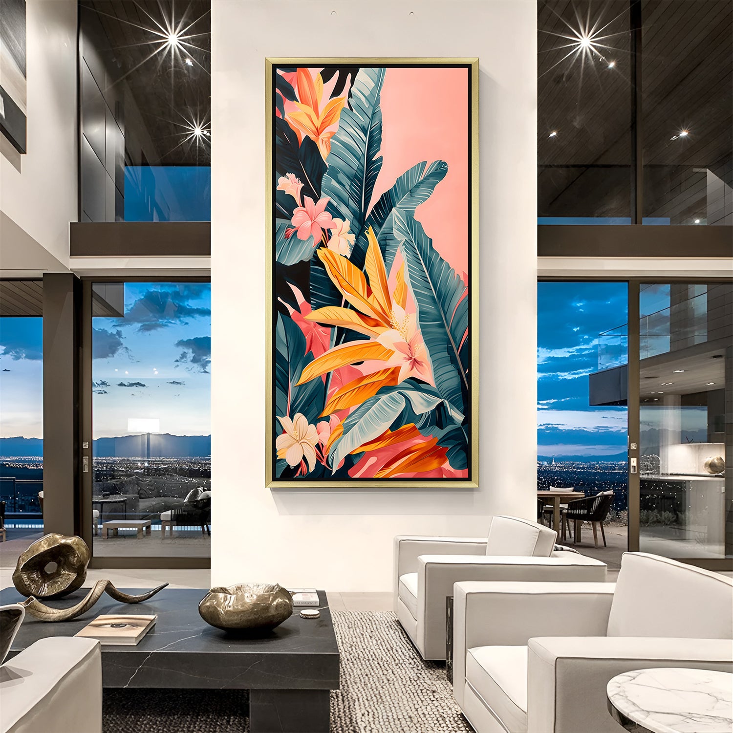 Golden-framed floral canvas in painted style for stylish home or office wall decor