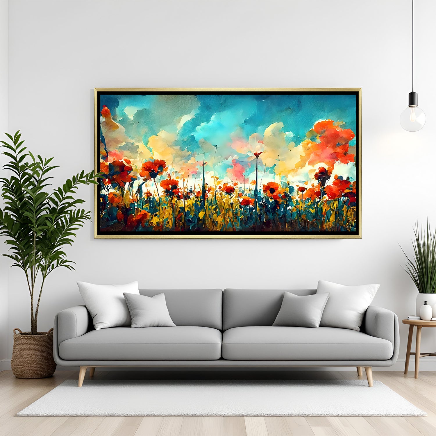 Luxury modern flower painting artwork in golden floater frame for contemporary decor
