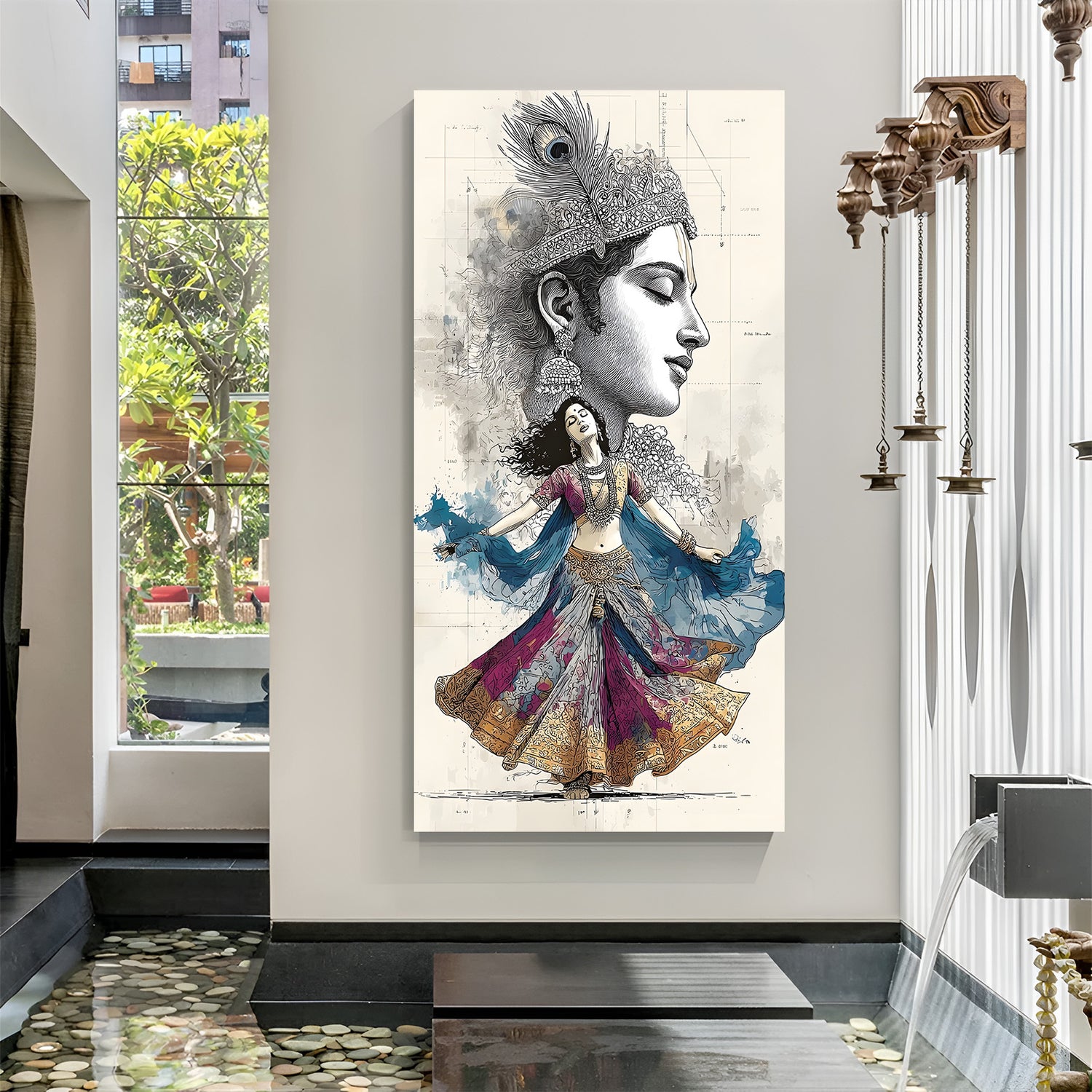 Radha Krishna sketch style canvas wall art in contemporary fusion design with canvas wrapped frame