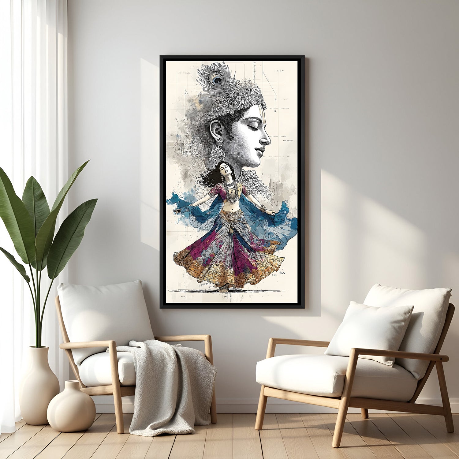 Radha Krishna modern sketch painting in elegant black floater frame contemporary spiritual wall decor