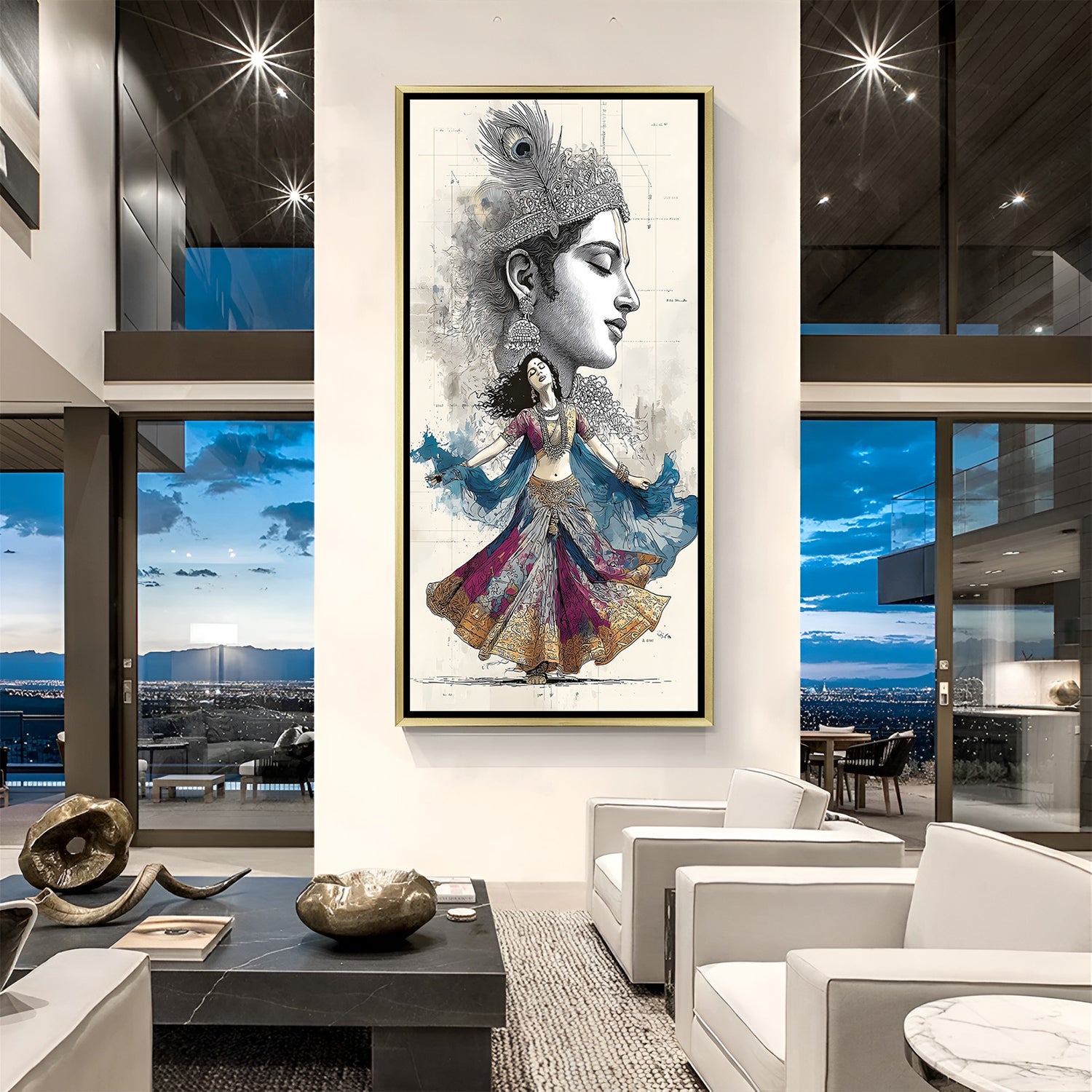 Radha Krishna fusion sketch artwork in luxurious golden floater frame modern spiritual canvas art