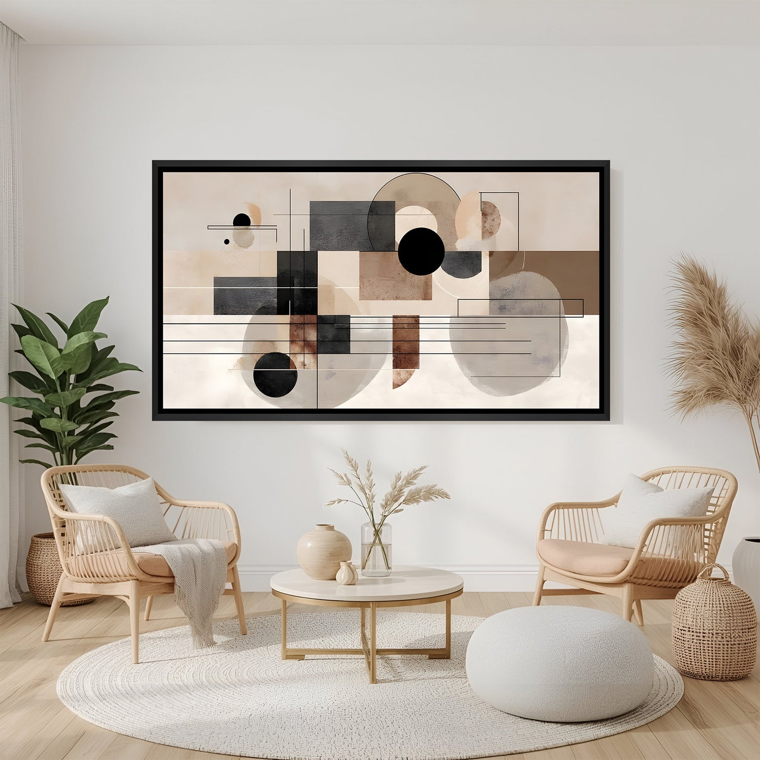 Neutral geometric abstract canvas wall art with black floater frame featuring circles and lines above sofa in contemporary living room decor