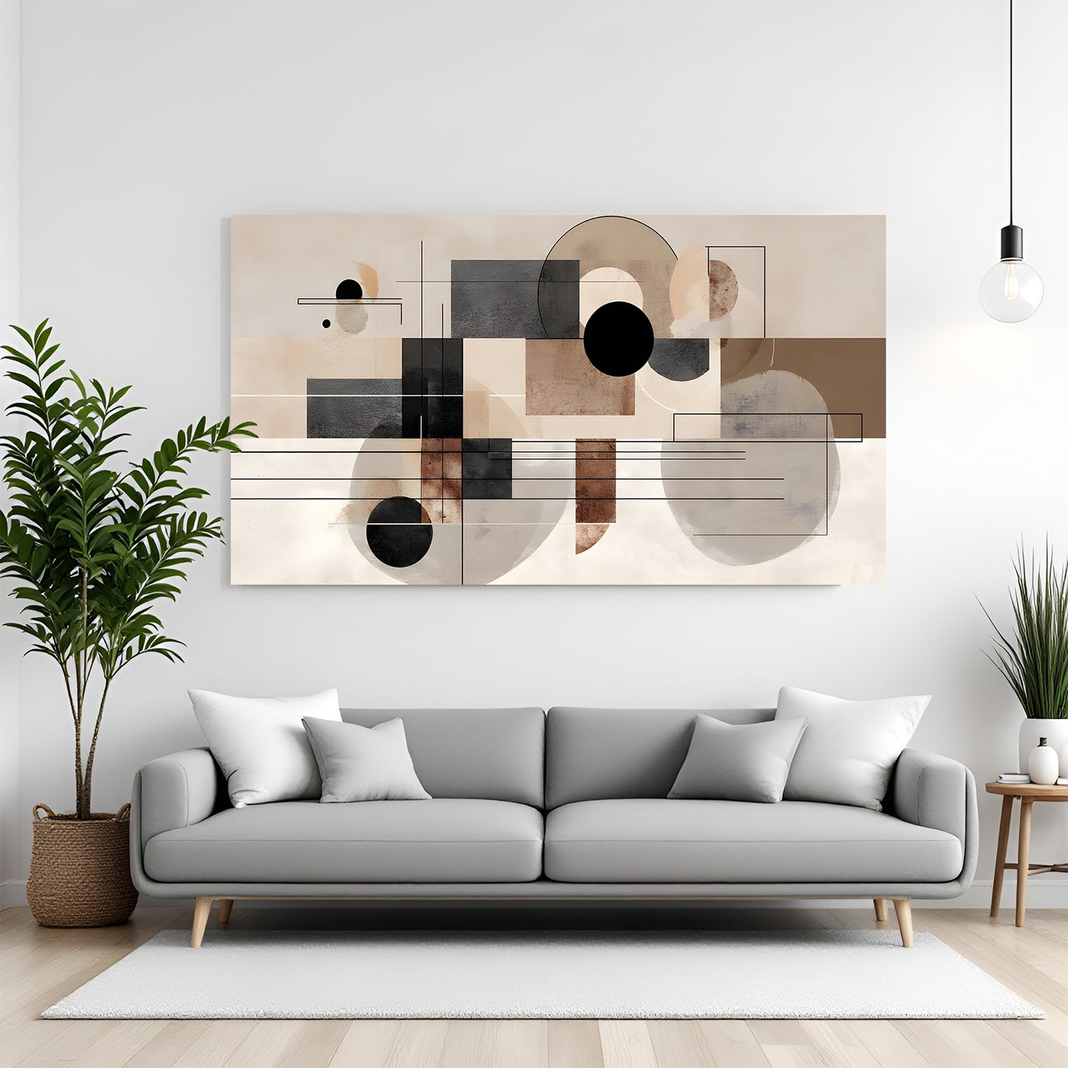 Modern geometric abstract canvas wall art in neutral beige and black tones with circles and lines displayed above sofa in minimalist living room canvas wrap decor