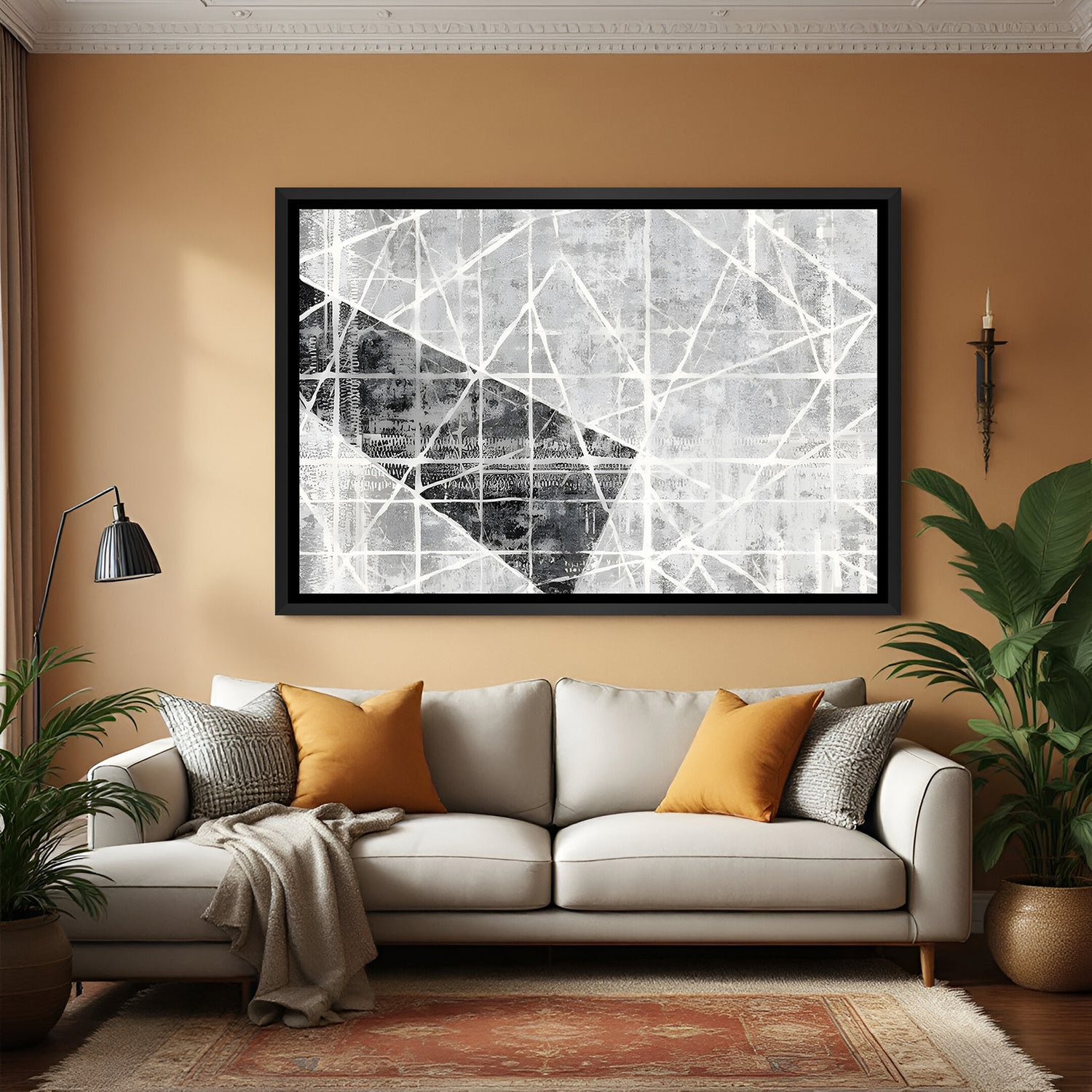 Modern abstract grey grid painting with intersecting lines in black frame