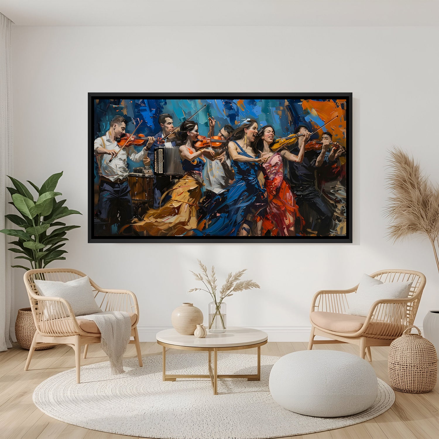 Contemporary orchestra painting in black floater frame with dynamic blue and orange abstract textures.