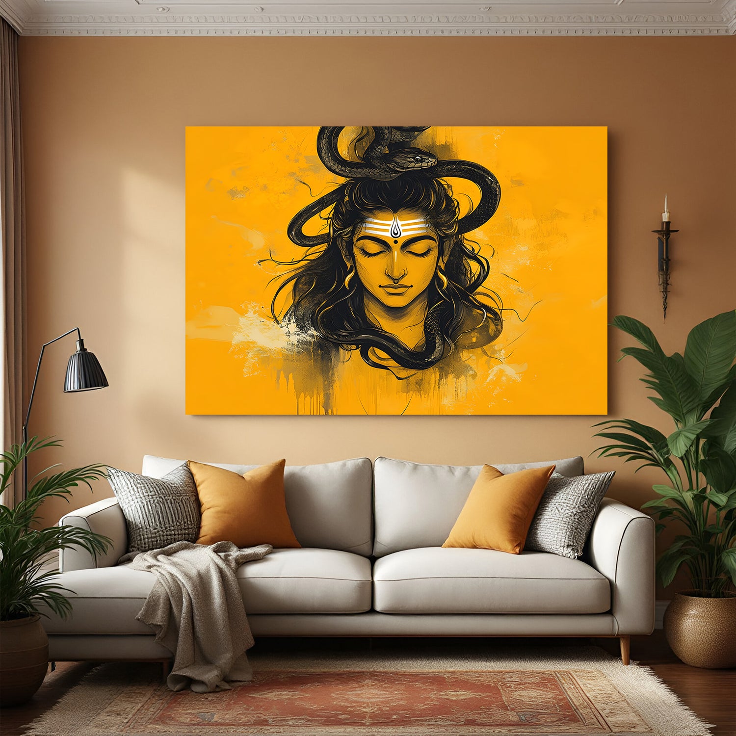 Modern Shiva portrait canvas wrap wall art Mahadev yellow painting for living room decor India