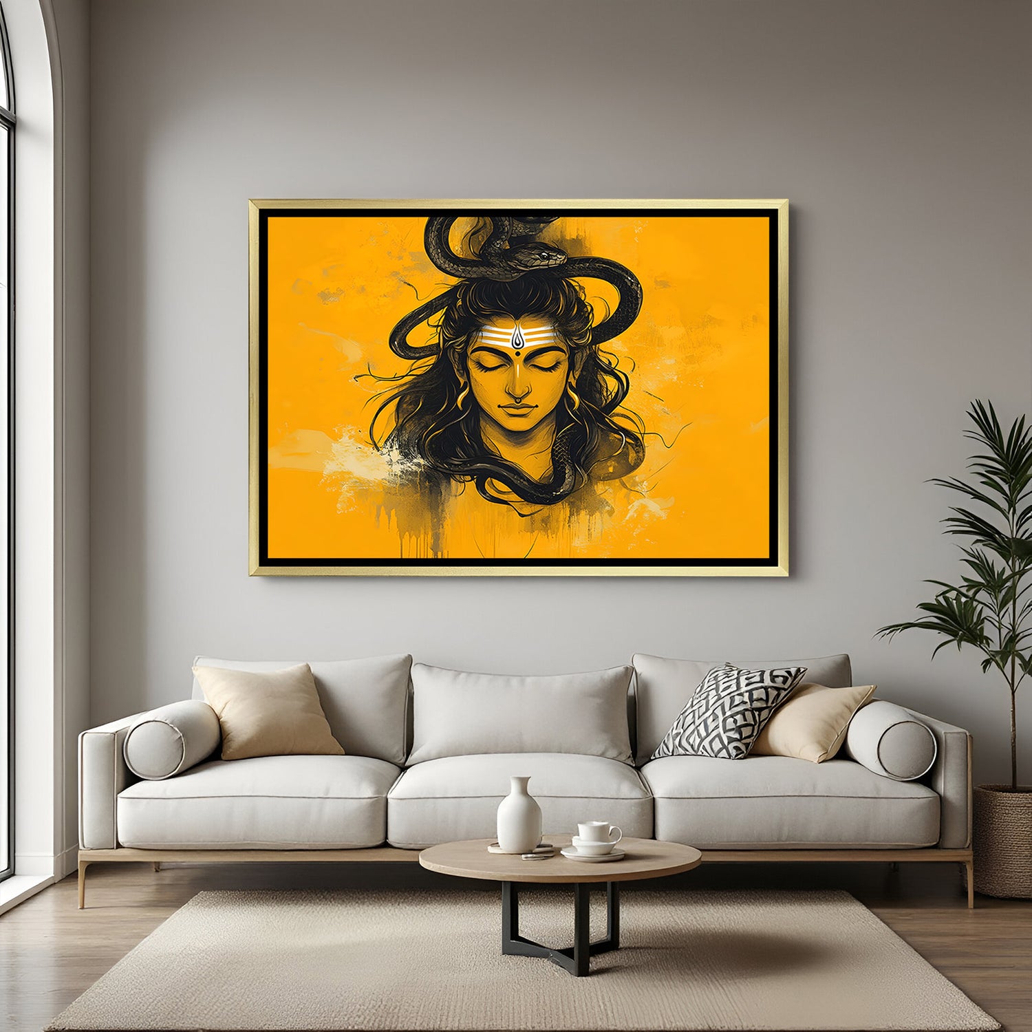 Modern Shiva portrait canvas wall art in golden floater frame luxury Hindu decor India