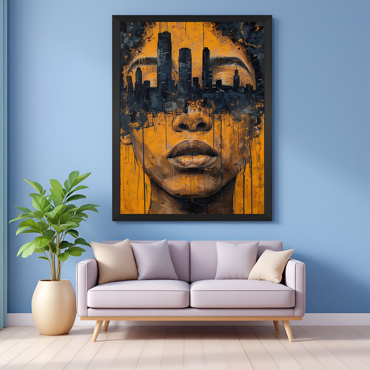 Abstract woman face with city buildings in her eyes – modern wall decor