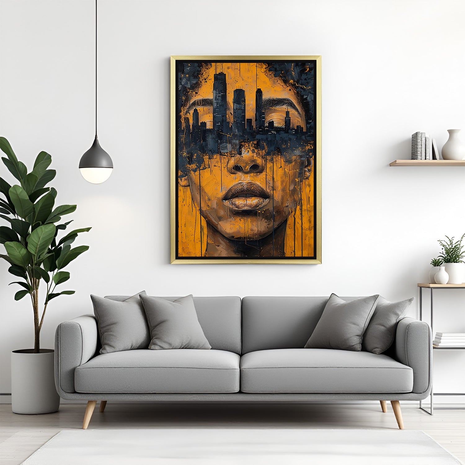 City reflection in woman’s eyes – abstract canvas wall art in golden frame