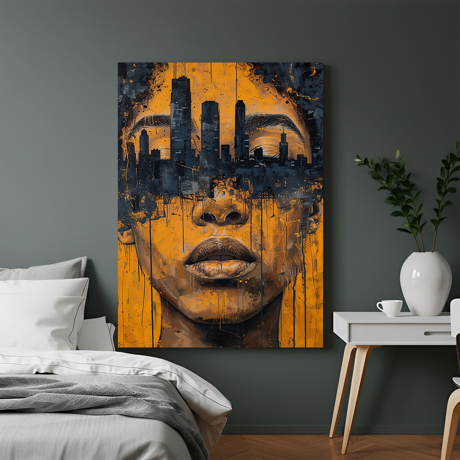 Modern woman face canvas wall art with city buildings in eyes, abstract design